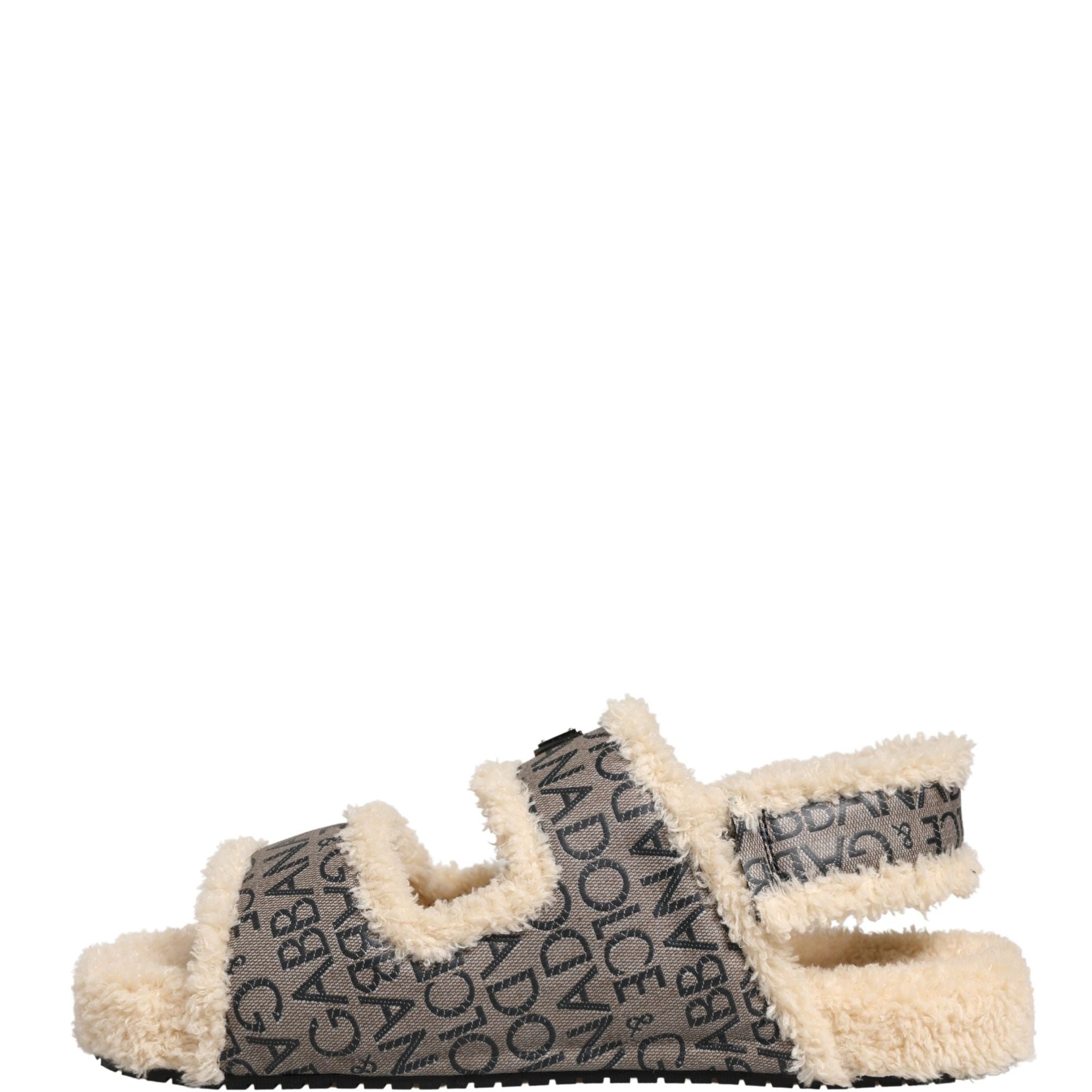 Dolce & Gabbana Beige Faux Fur Logo Print Flats Sandals Shoes