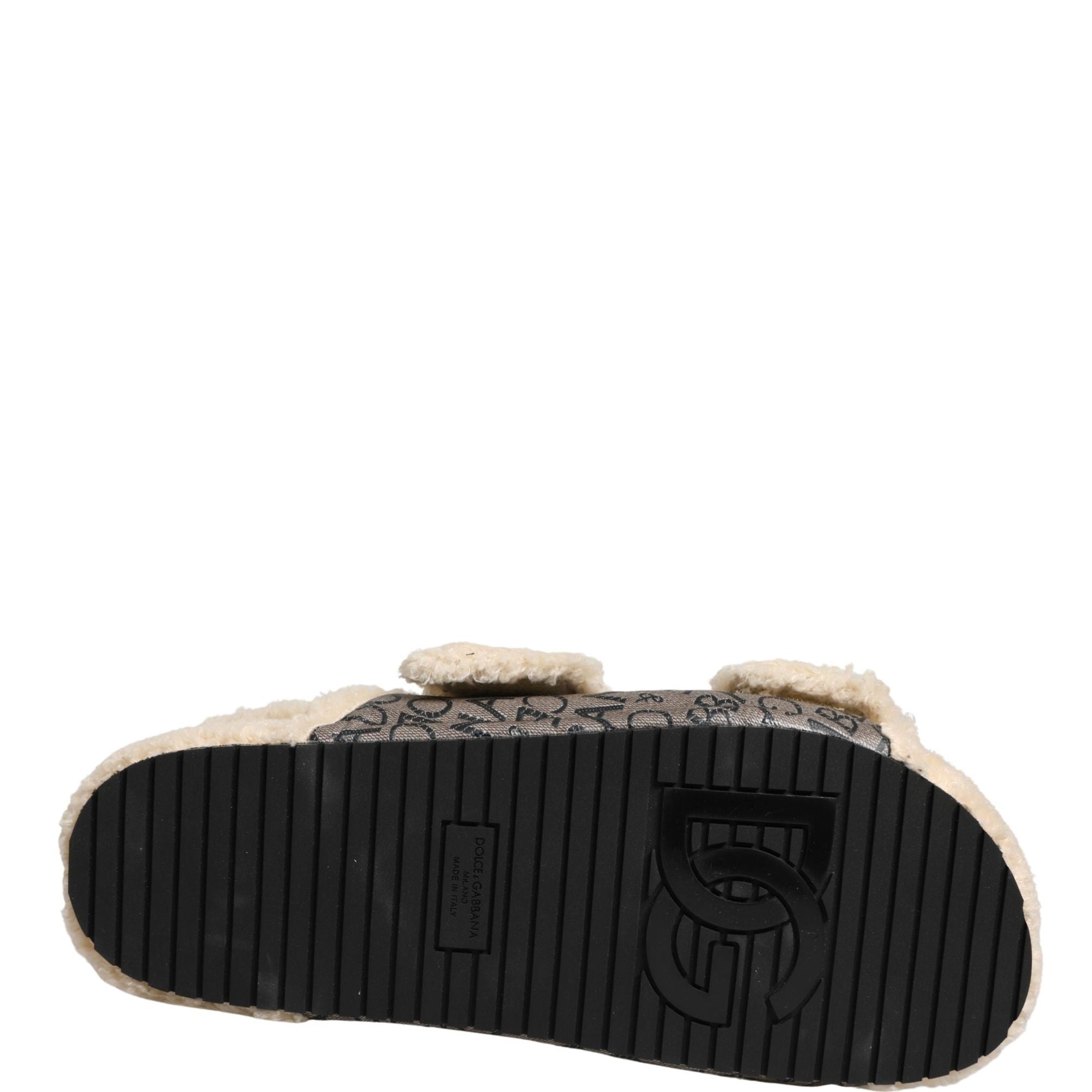 Dolce & Gabbana Beige Faux Fur Logo Print Flats Sandals Shoes
