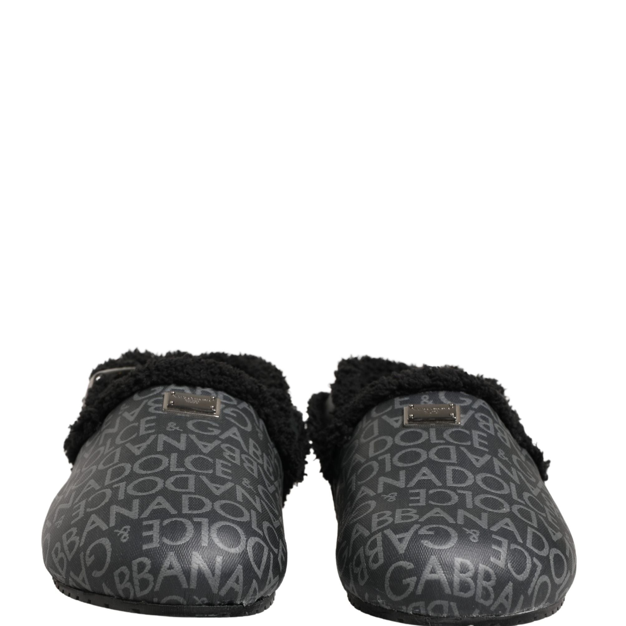 Dolce & Gabbana Gray Faux Fur Jacquard Mules Sandals Shoes