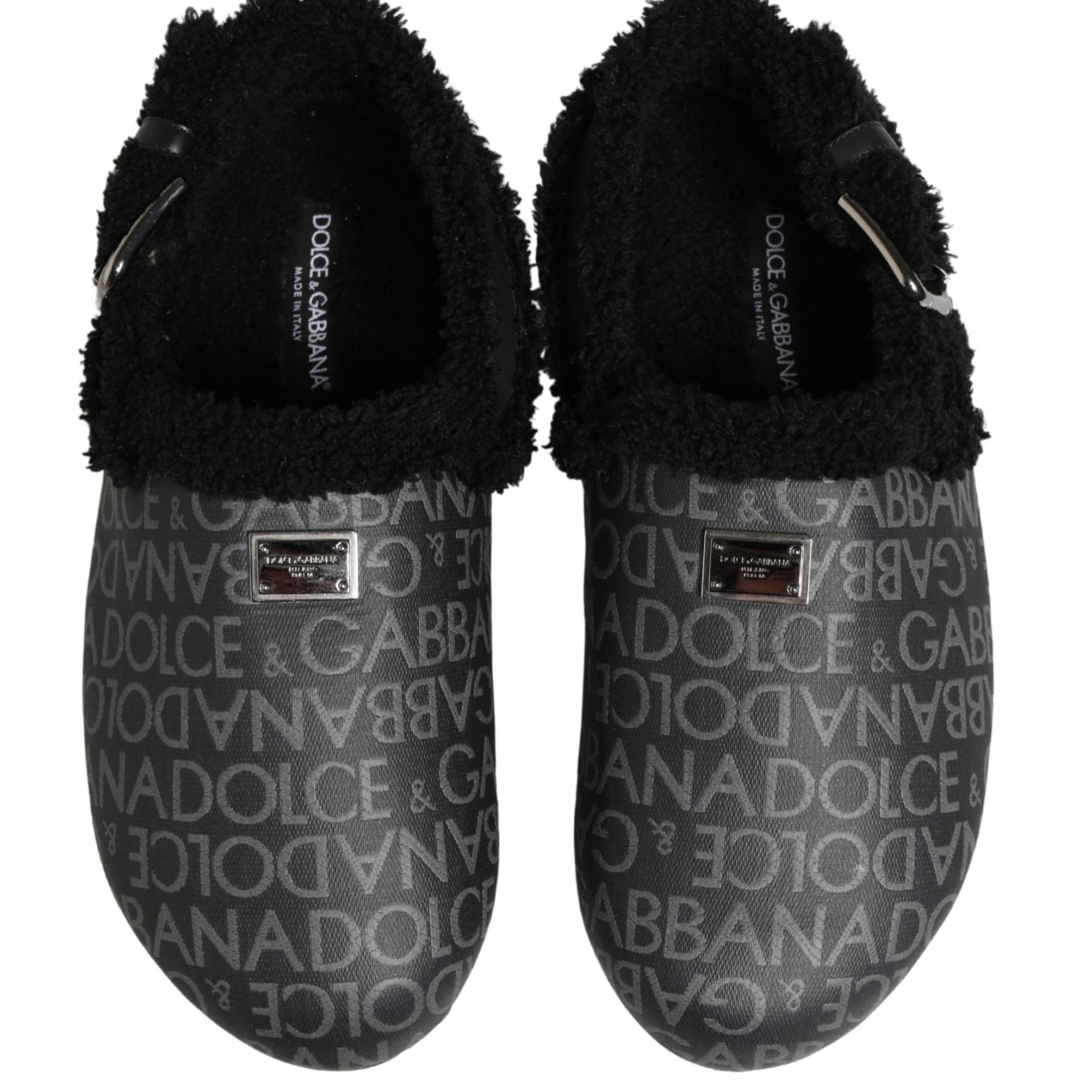 Dolce & Gabbana Gray Faux Fur Jacquard Mules Sandals Shoes