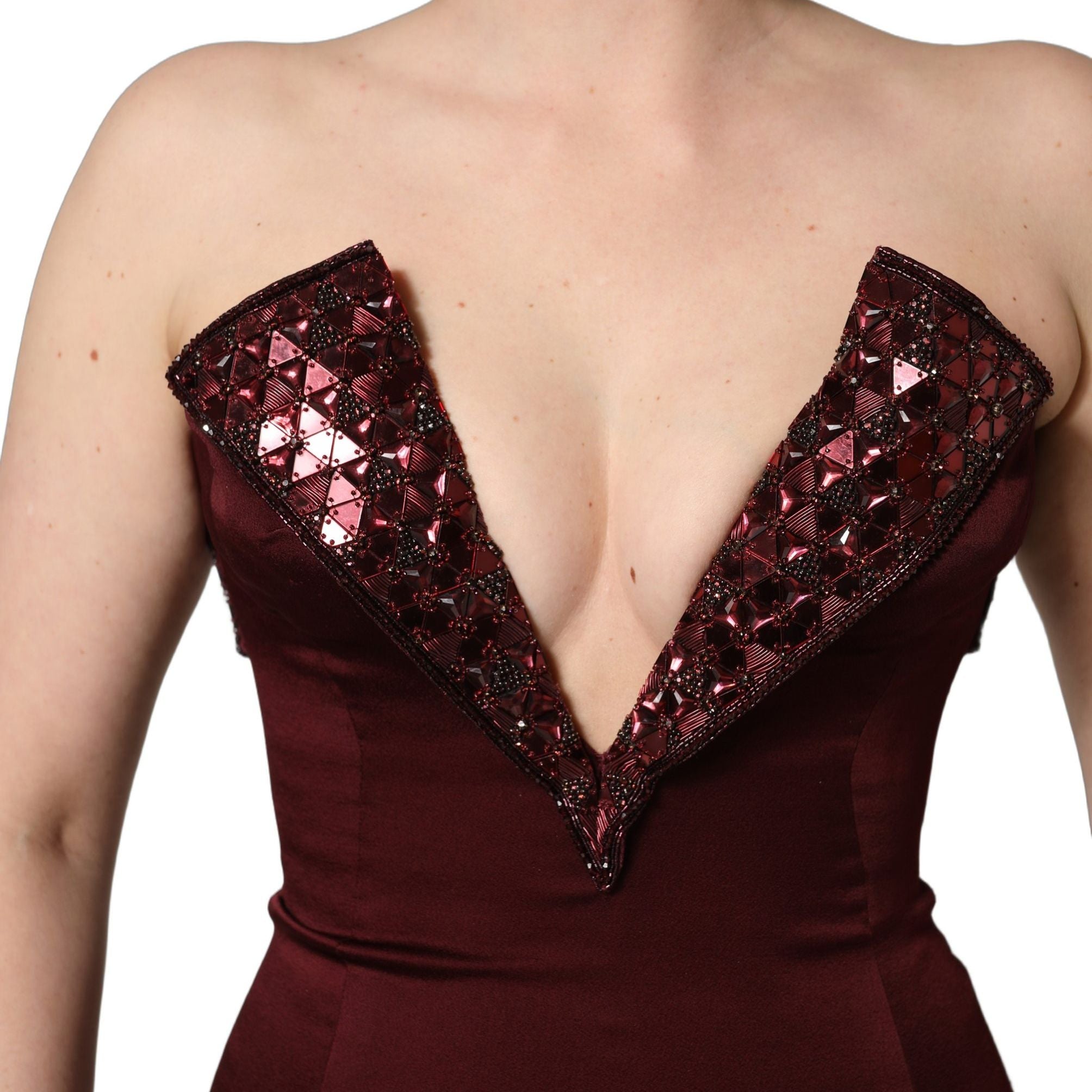 Dolce & Gabbana Maroon Embellished Vneck Evening Gown Dress