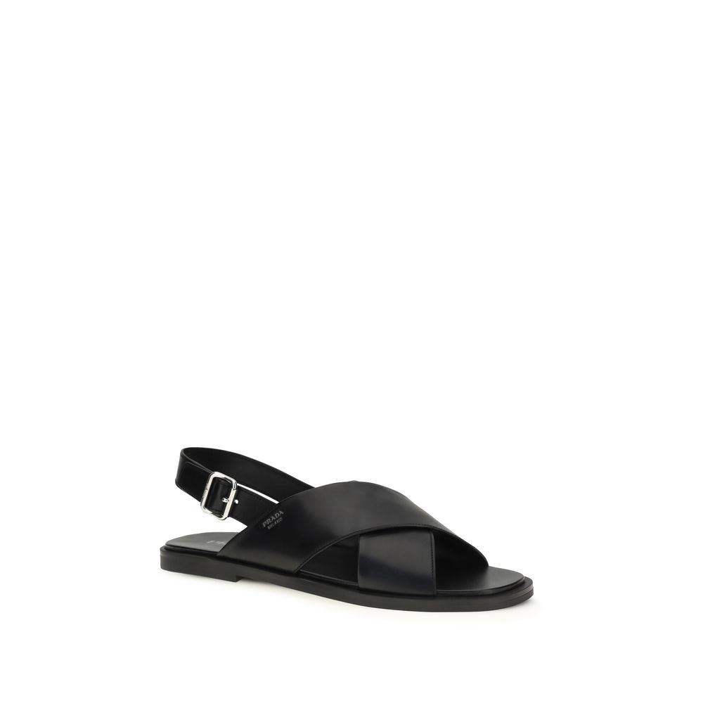 Prada Black Calf Leather Bos Taurus Flat Sandals