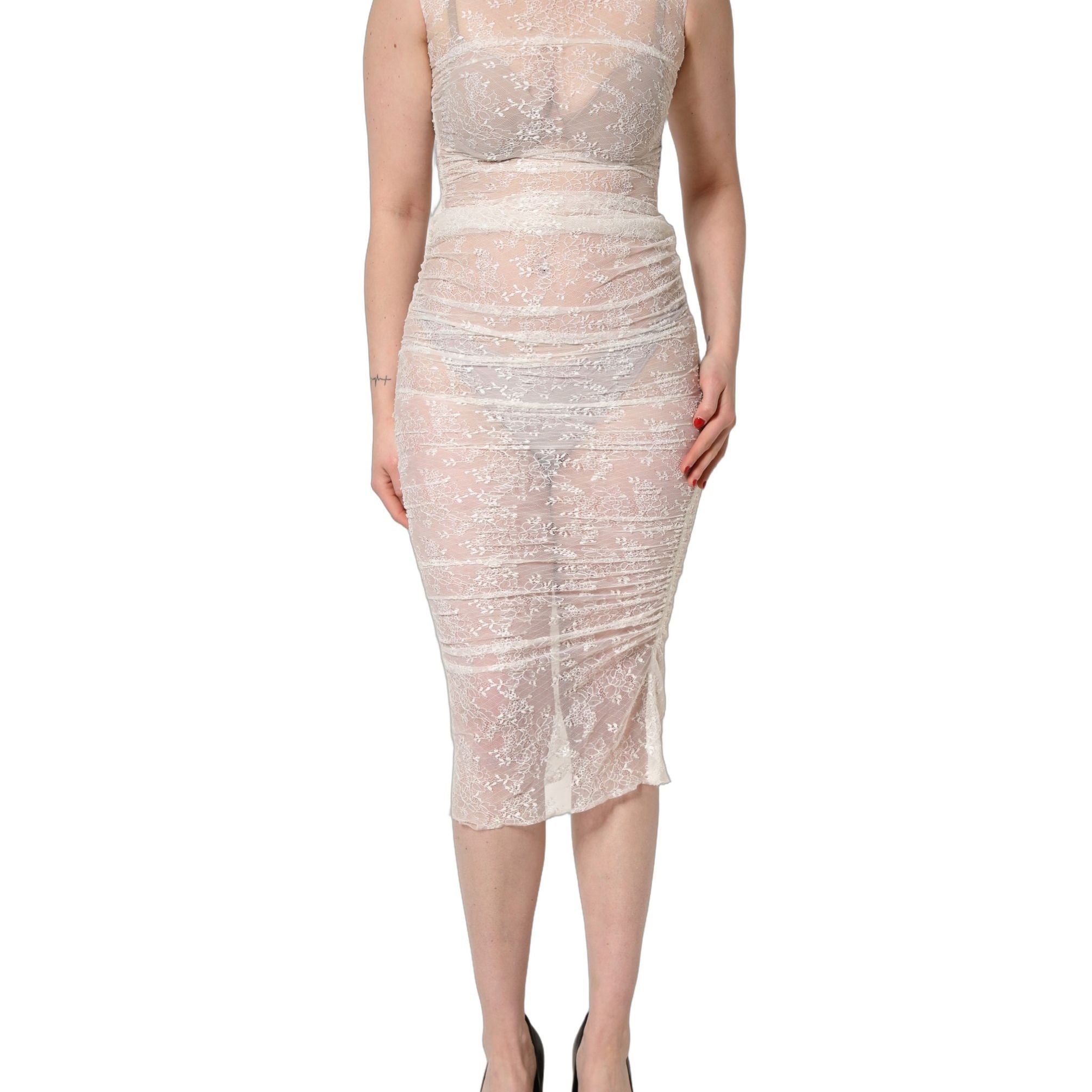 Dolce & Gabbana White Floral Lace Sheer Sleeveless Midi Dress