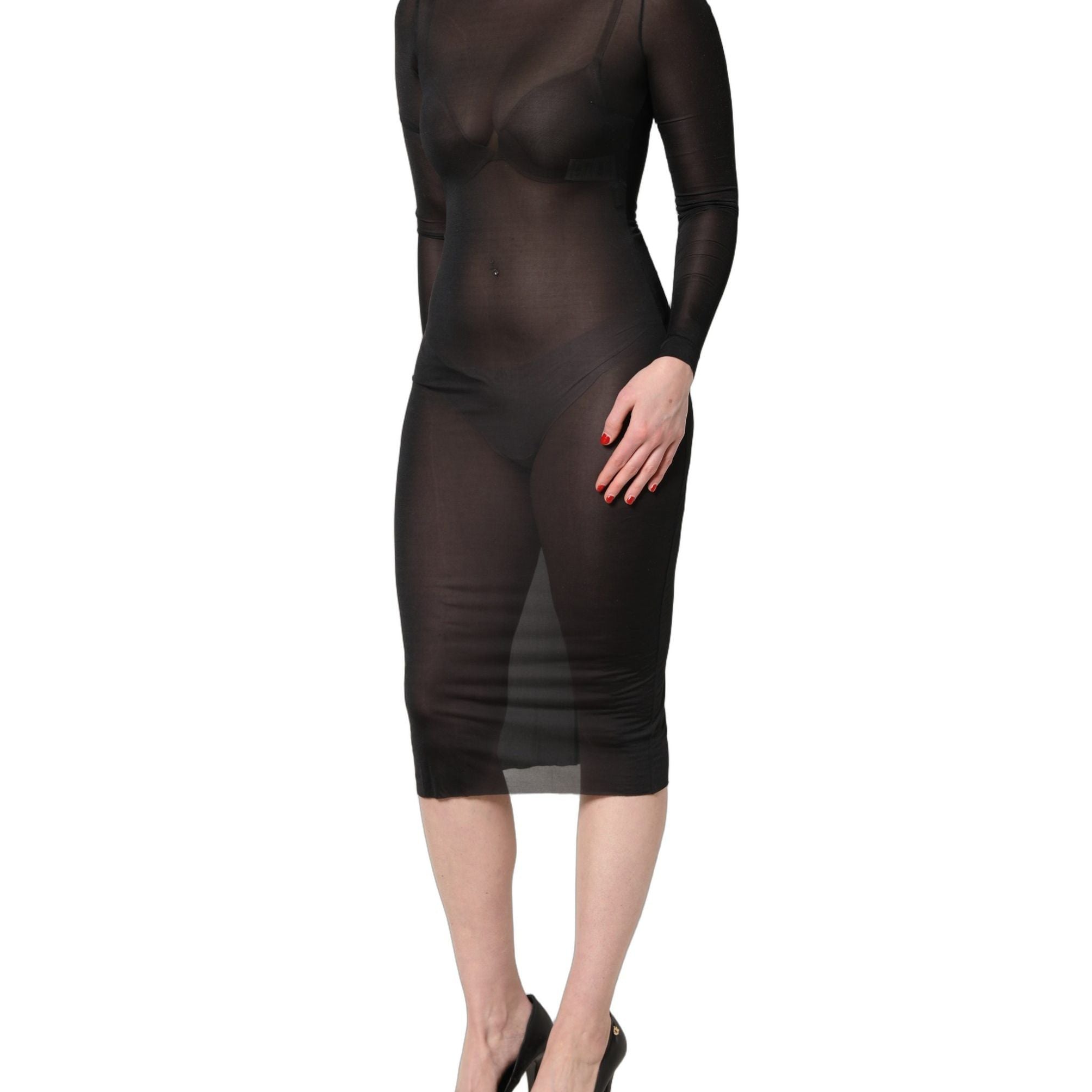 Dolce & Gabbana Black Sheer Long Sleeves Sheath Midi Dress