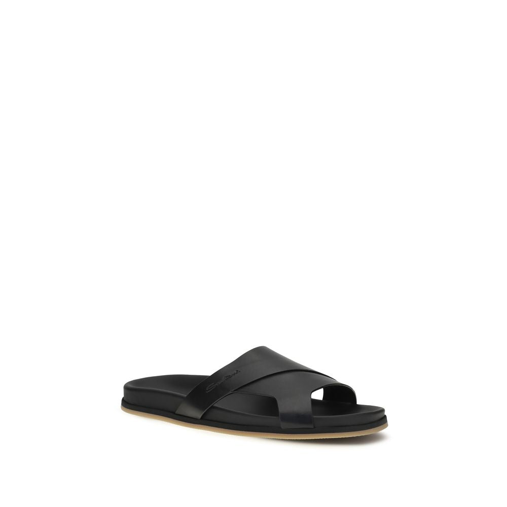 Santoni Black Calf Leather Bos Taurus Flat Sandals
