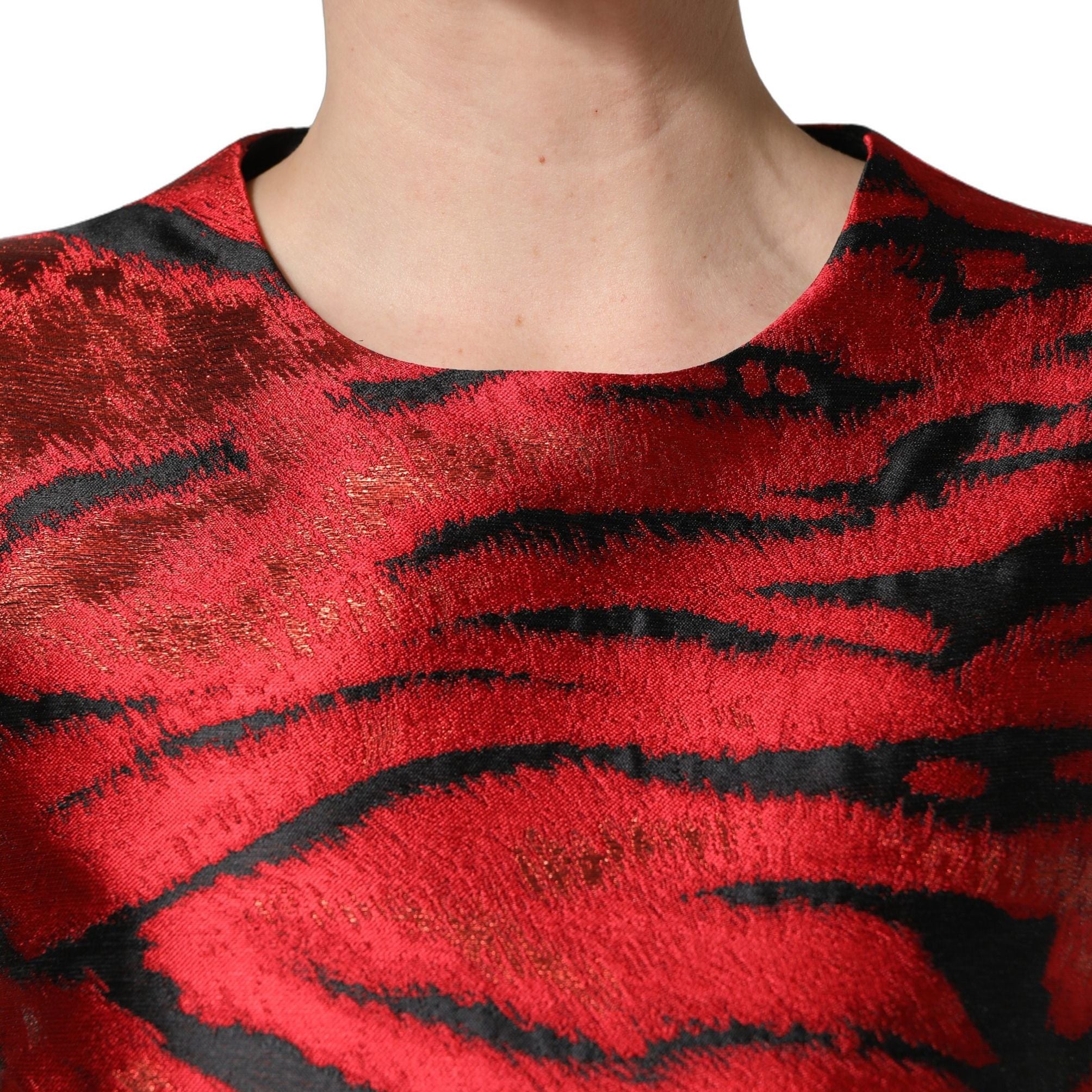 Dolce & Gabbana Red Black Tiger Print Jacquard Flared Dress