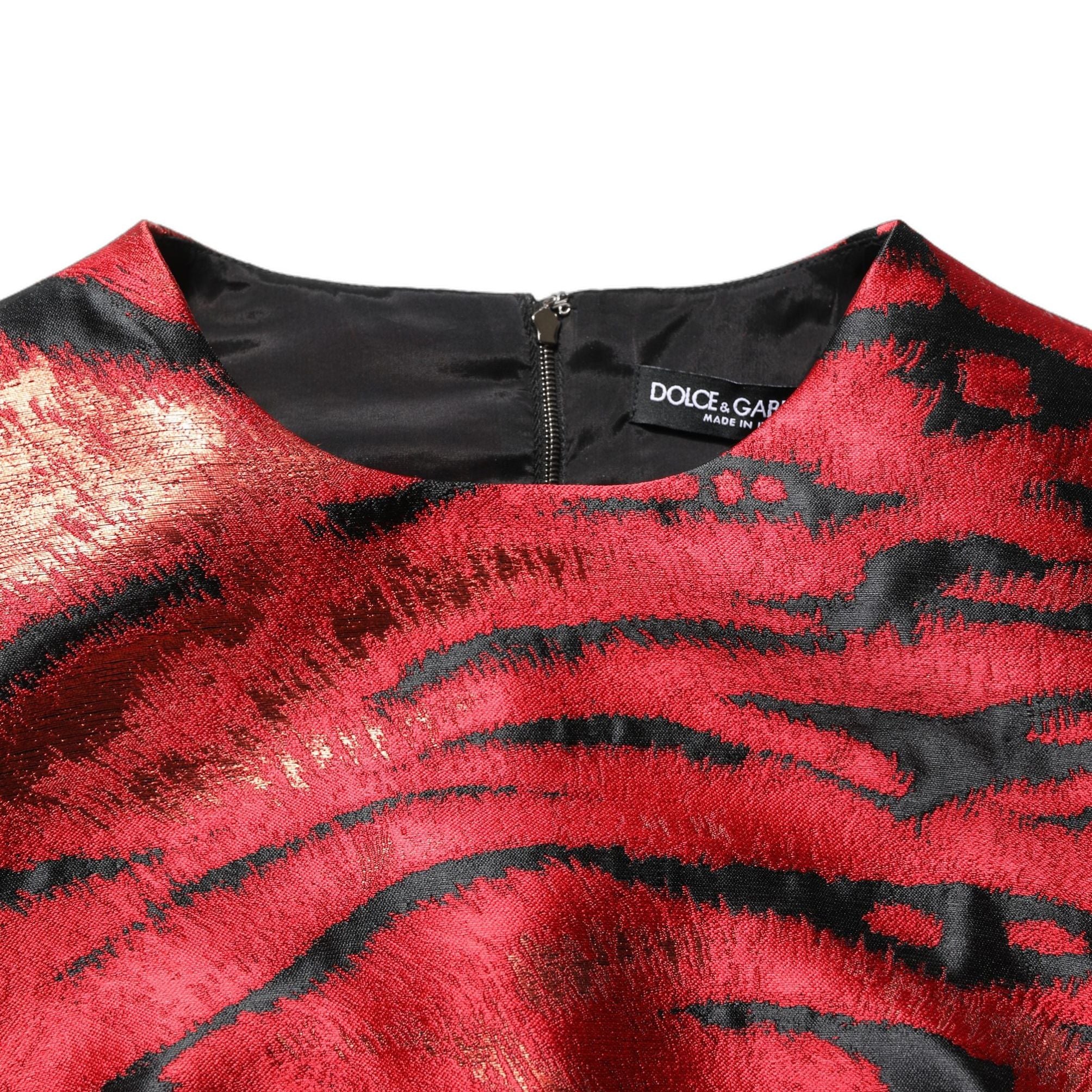 Dolce & Gabbana Red Black Tiger Print Jacquard Flared Dress