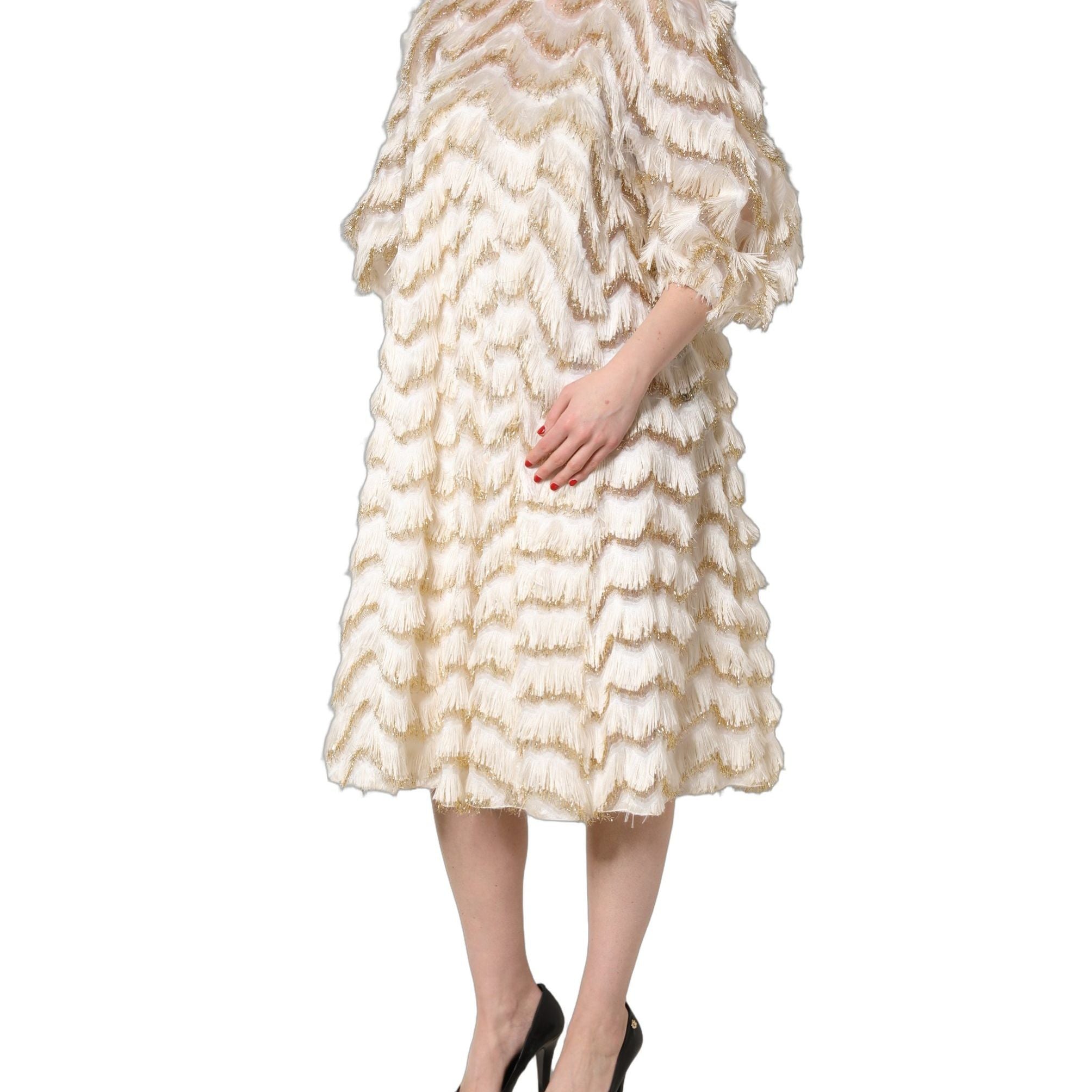 Dolce & Gabbana Ivory Fringe Layered Shift Midi Dress