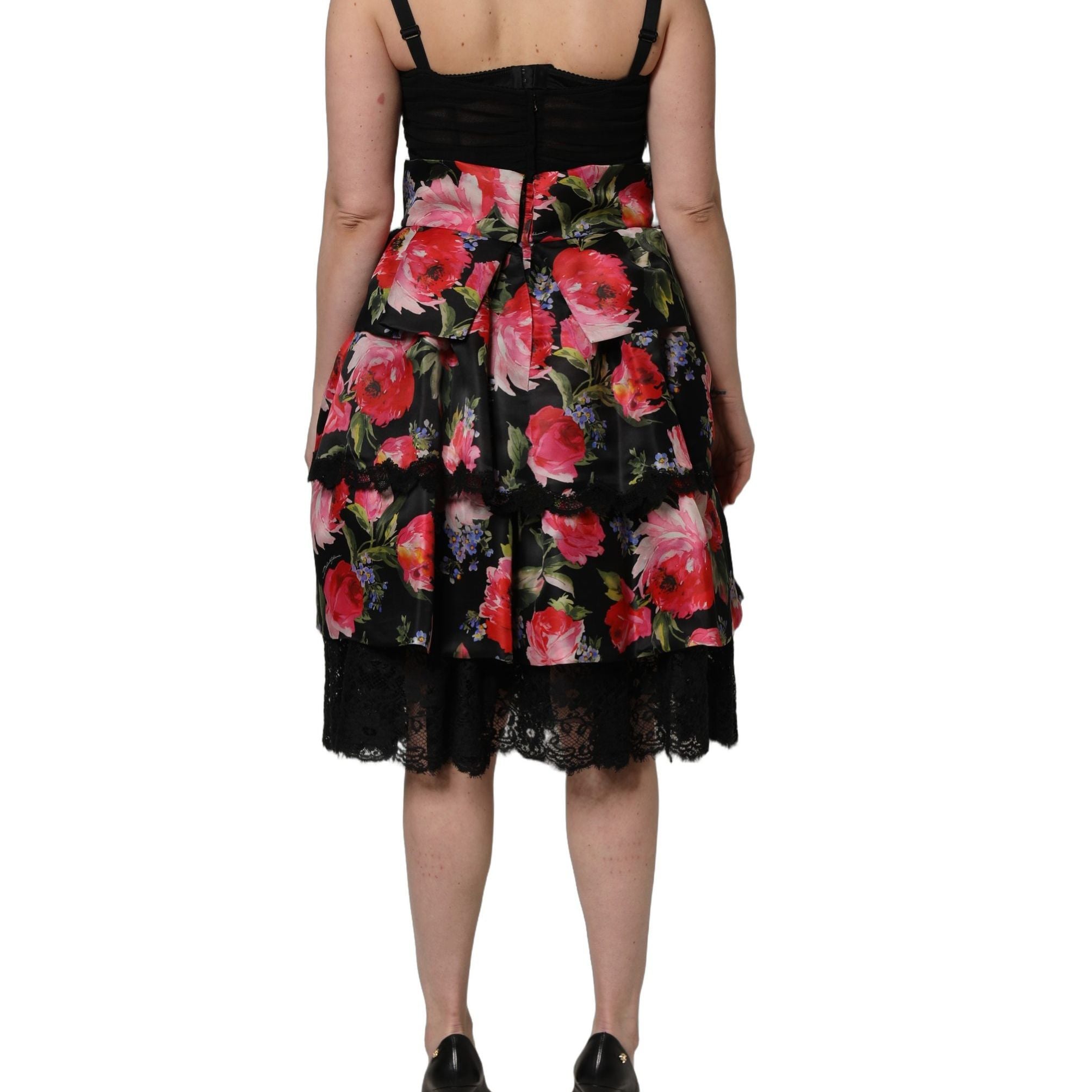 Dolce & Gabbana Black Sleeveless Bustier Floral Print Tiered Dress