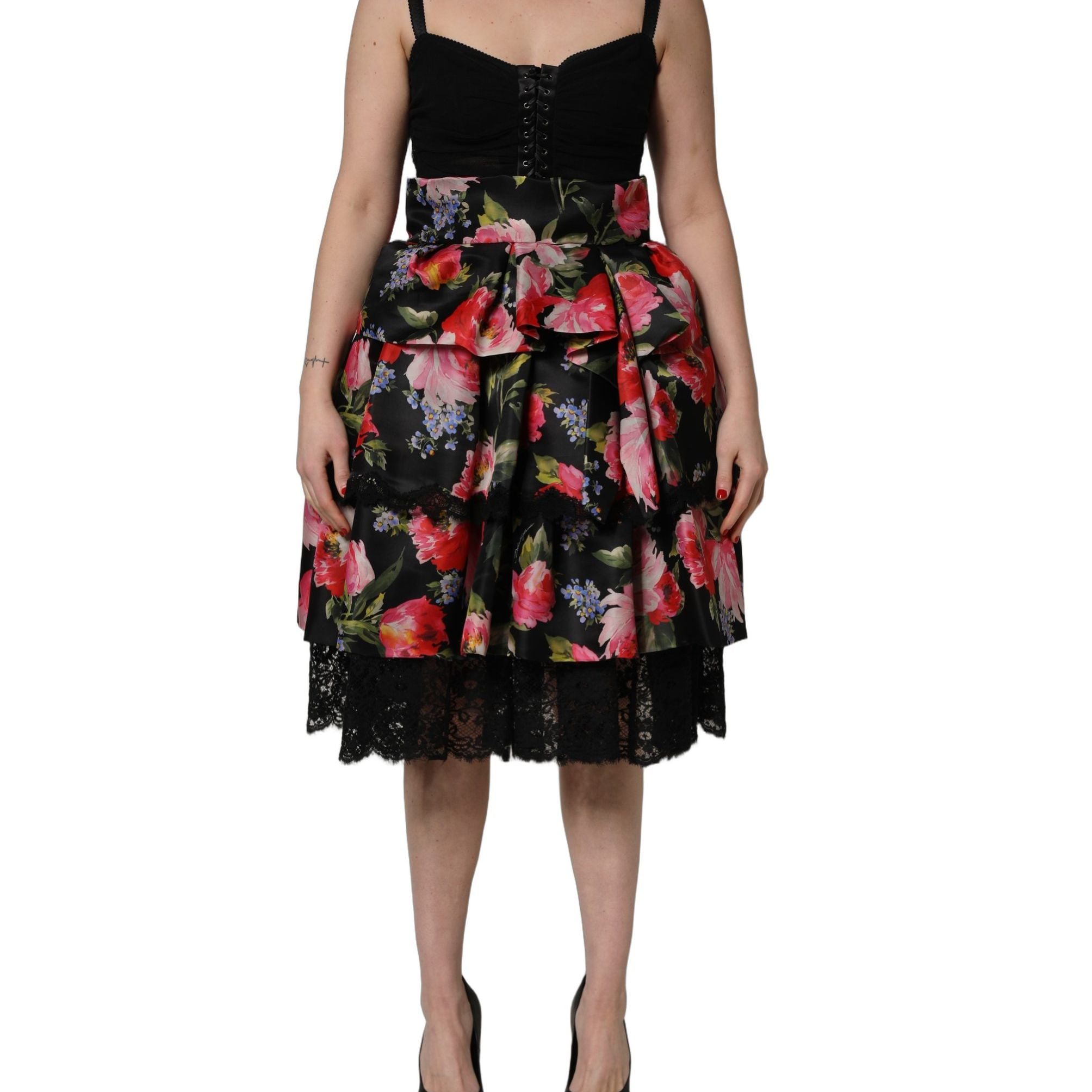 Dolce & Gabbana Black Sleeveless Bustier Floral Print Tiered Dress