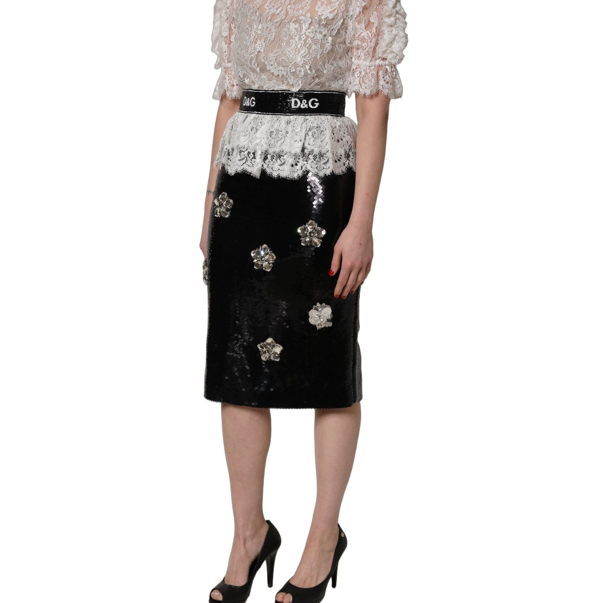 Dolce & Gabbana White Lace Top Embellished Black Skirt Dress