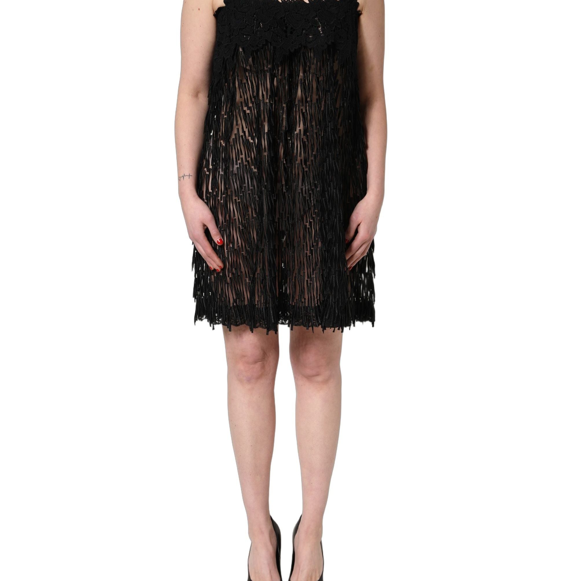 Dolce & Gabbana Black Viscose Fringed Sleeveless Mini Dress