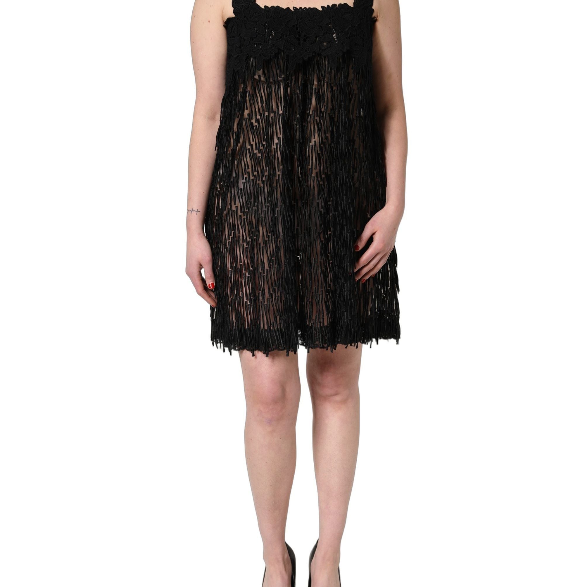 Dolce & Gabbana Black Viscose Fringed Sleeveless Mini Dress