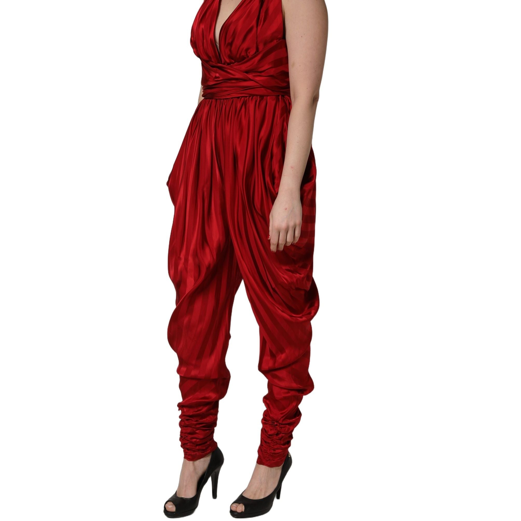 Dolce & Gabbana Red Plunging HalterNeck Draped Jumpsuit Dress