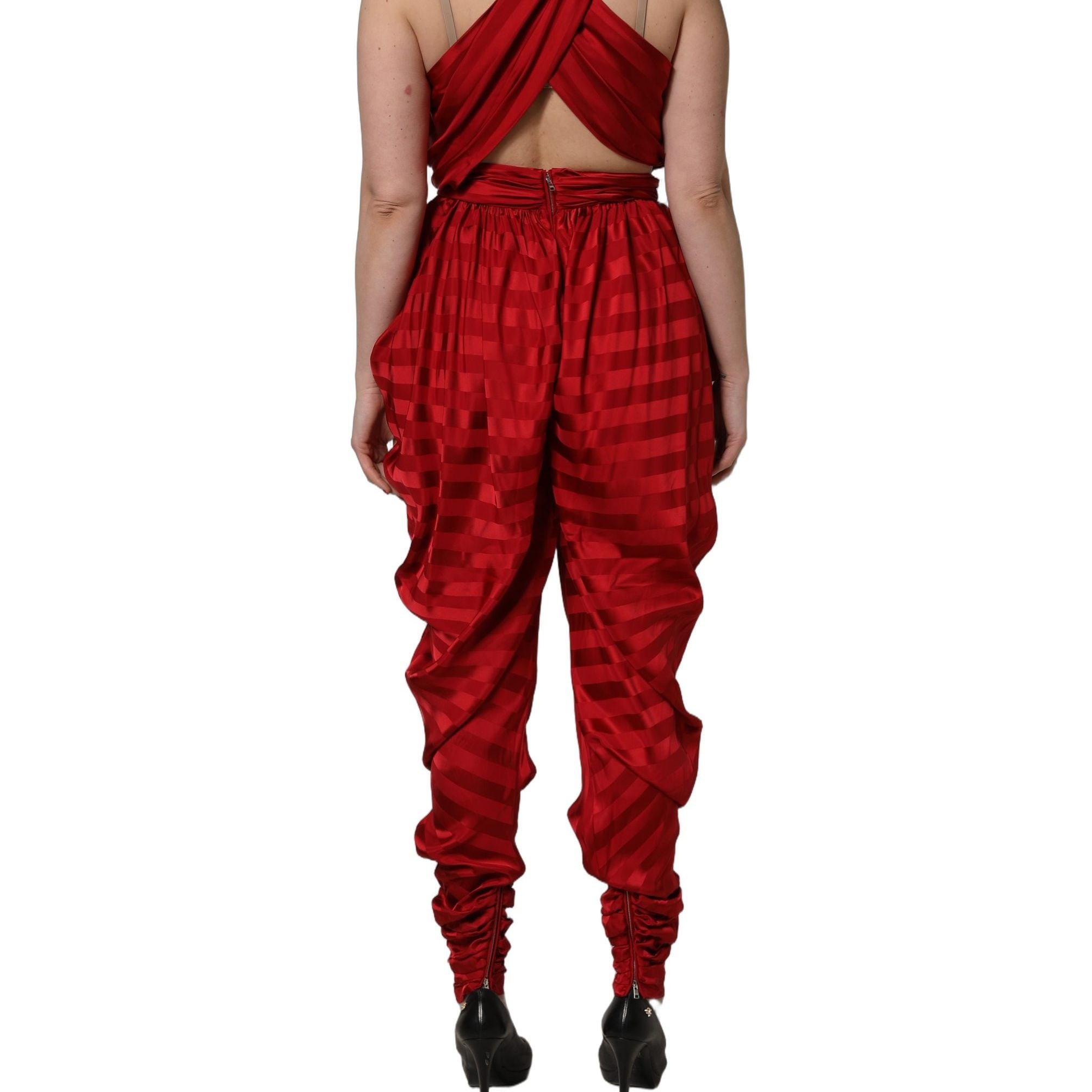 Dolce & Gabbana Red Plunging HalterNeck Draped Jumpsuit Dress