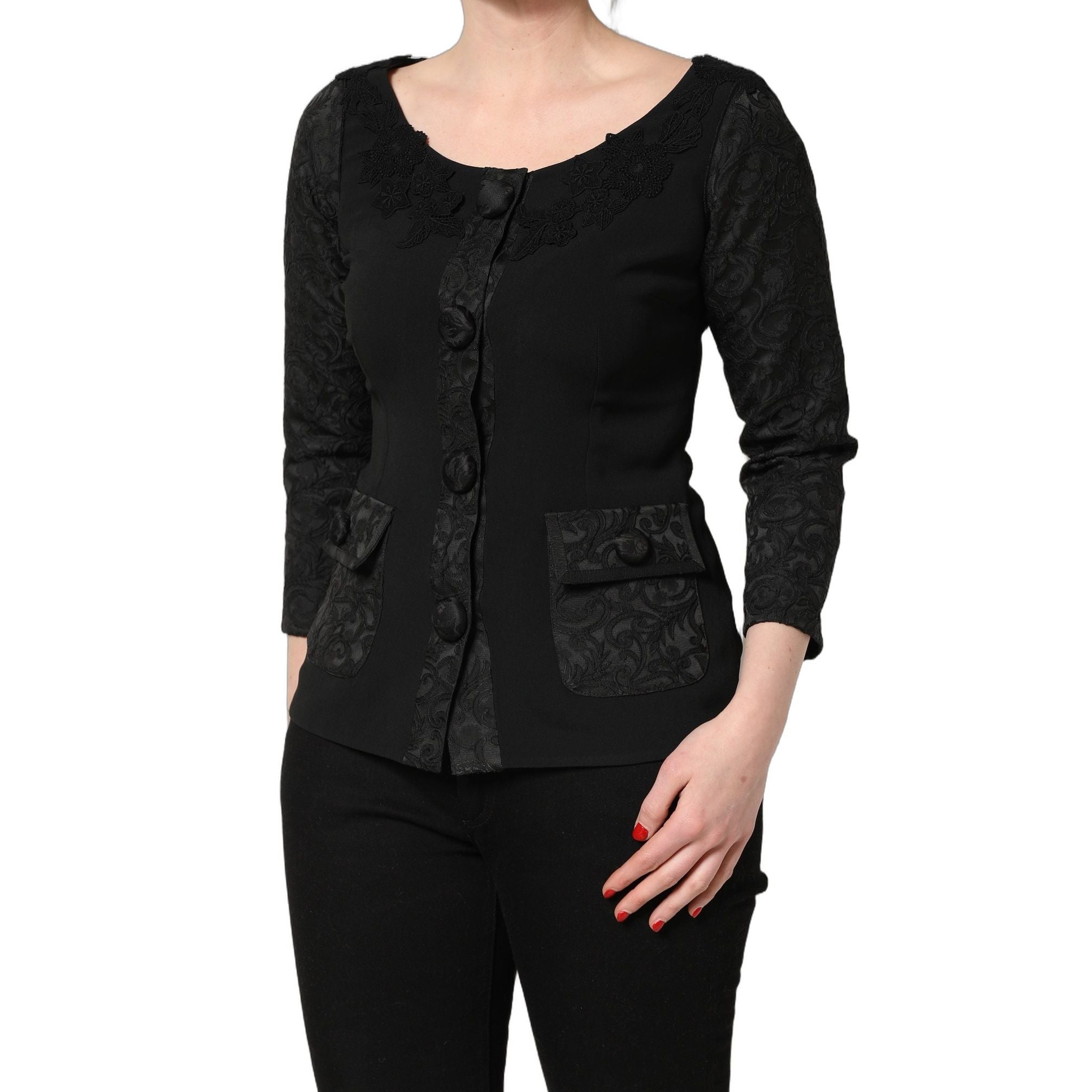 Dolce & Gabbana Dark Gray Button Fastening Lace Trimmed Blazer Jacket