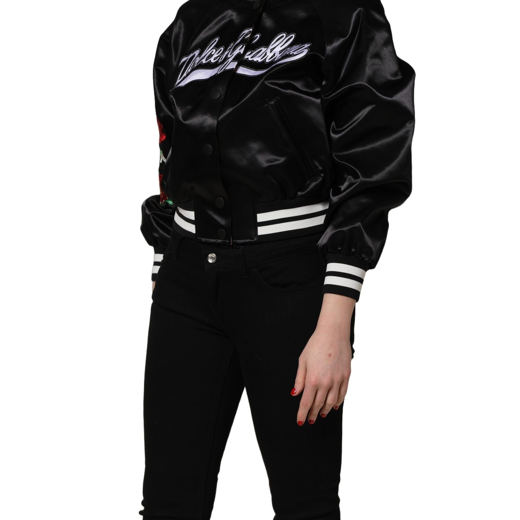 Dolce & Gabbana Black Satin Floral Embroidery Bomber Jacket