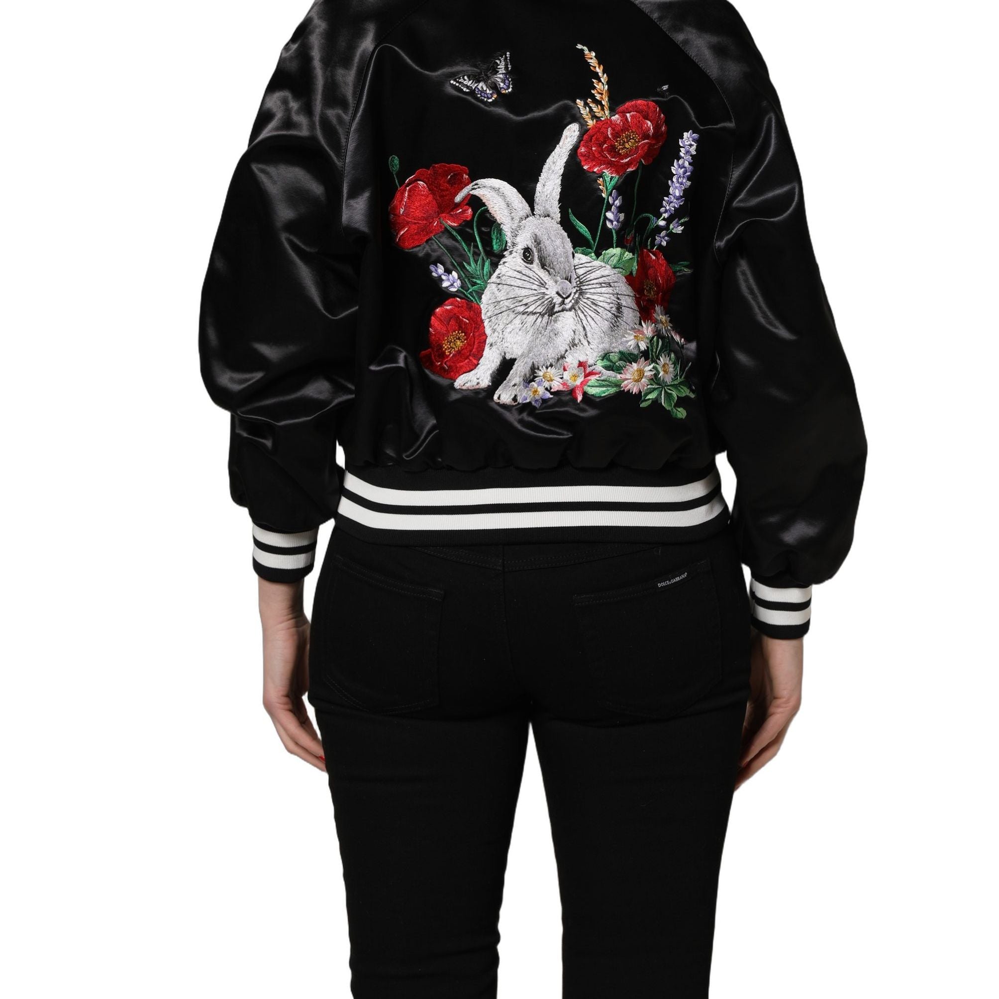 Dolce & Gabbana Black Satin Floral Embroidery Bomber Jacket