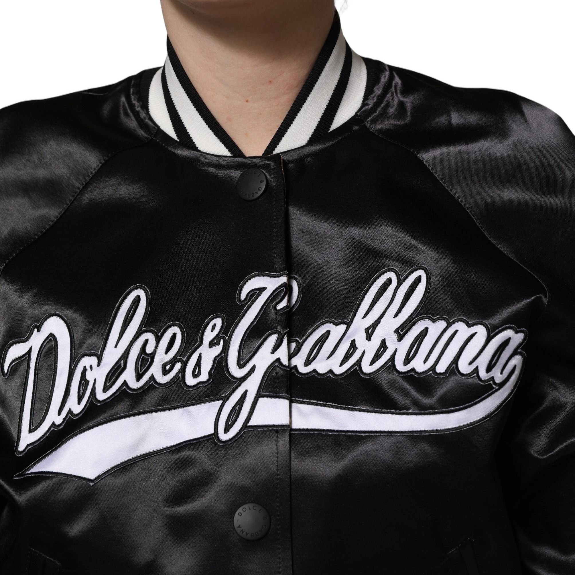 Dolce & Gabbana Black Satin Floral Embroidery Bomber Jacket