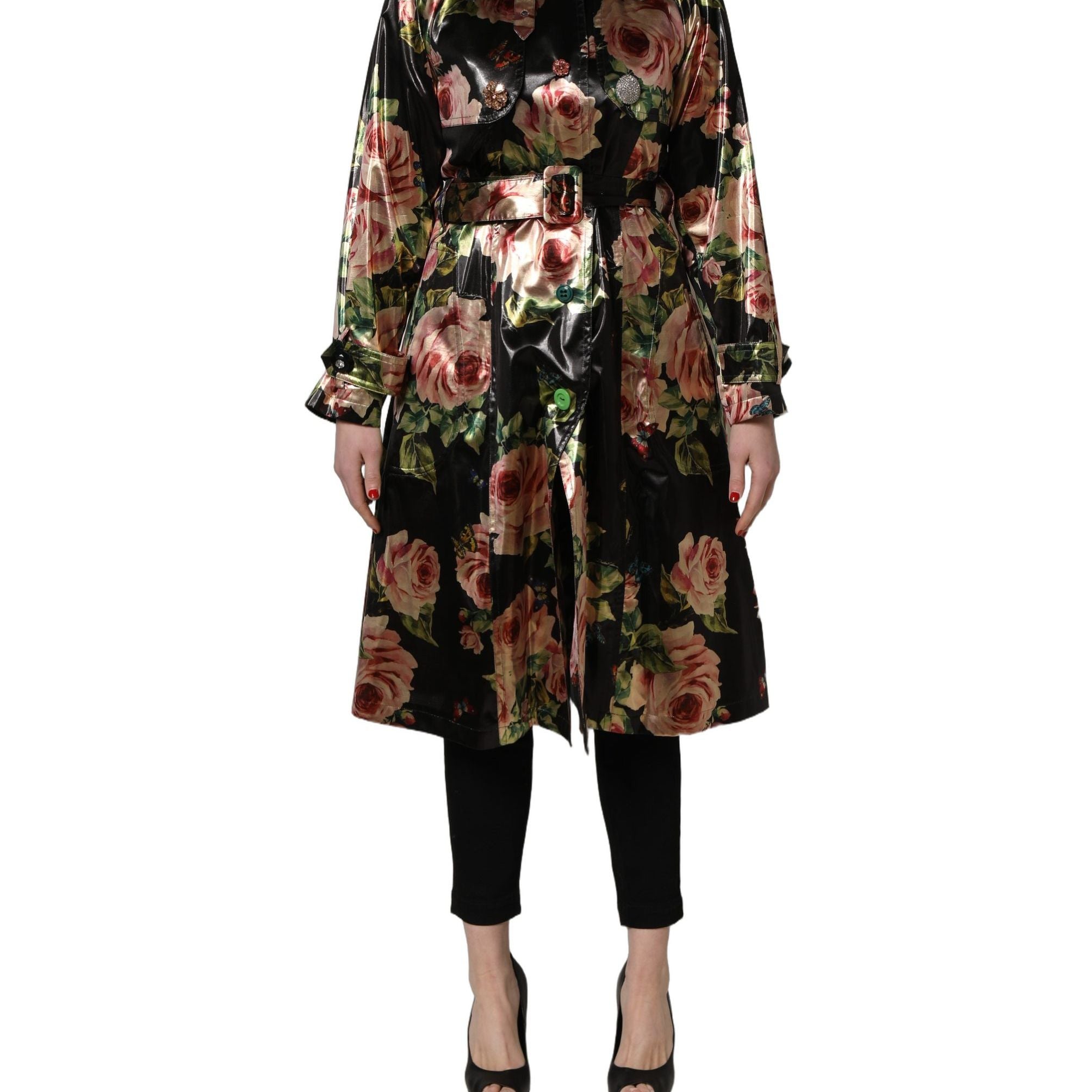 Dolce & Gabbana Black Floral Belted Polyester Trench Coat Jacket