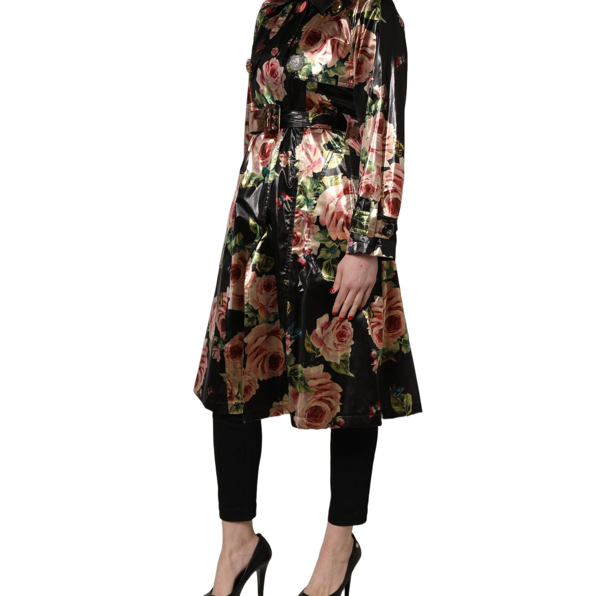 Dolce & Gabbana Black Floral Belted Polyester Trench Coat Jacket