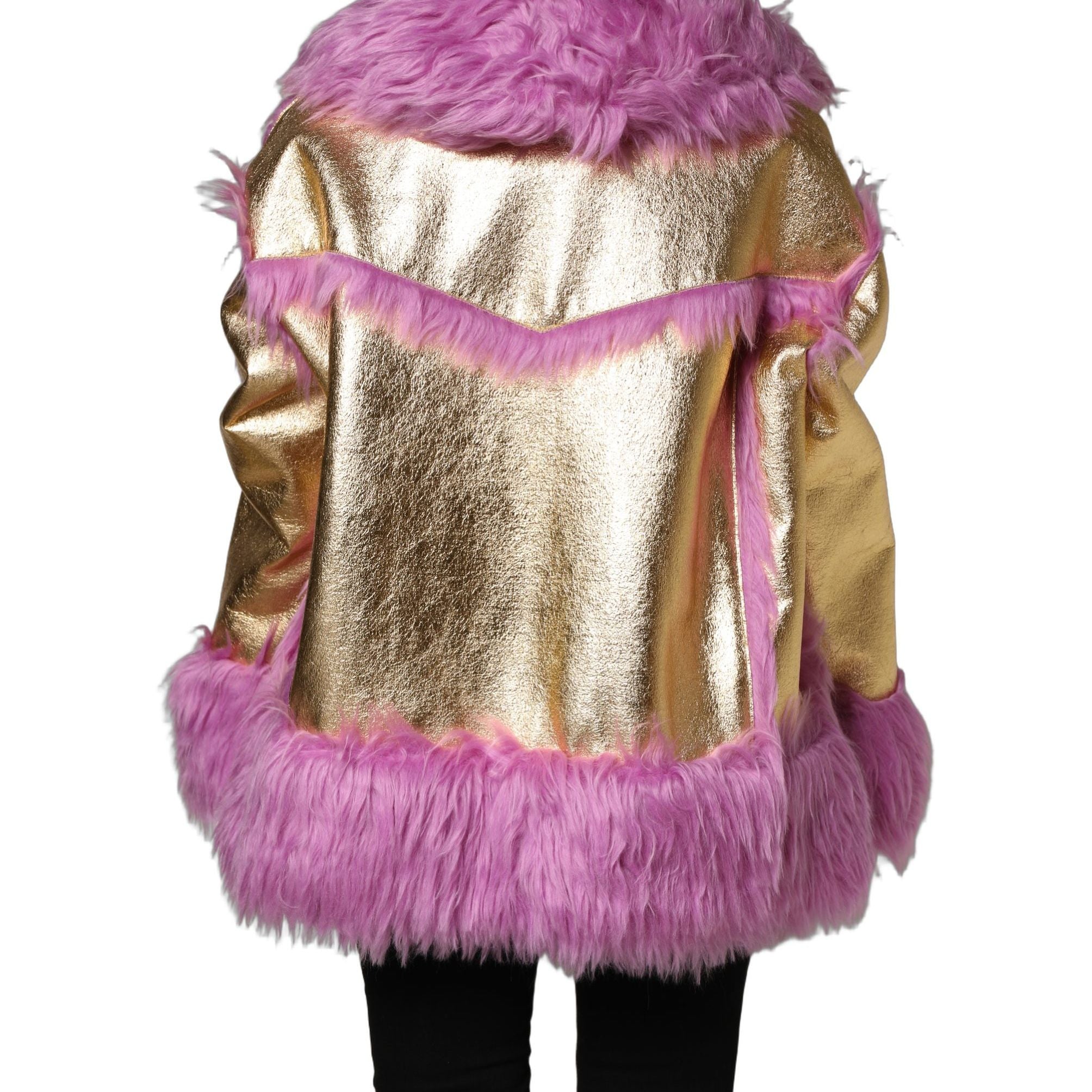 Dolce & Gabbana Pink Plush Faux Fur Gold Leather Coat Jacket