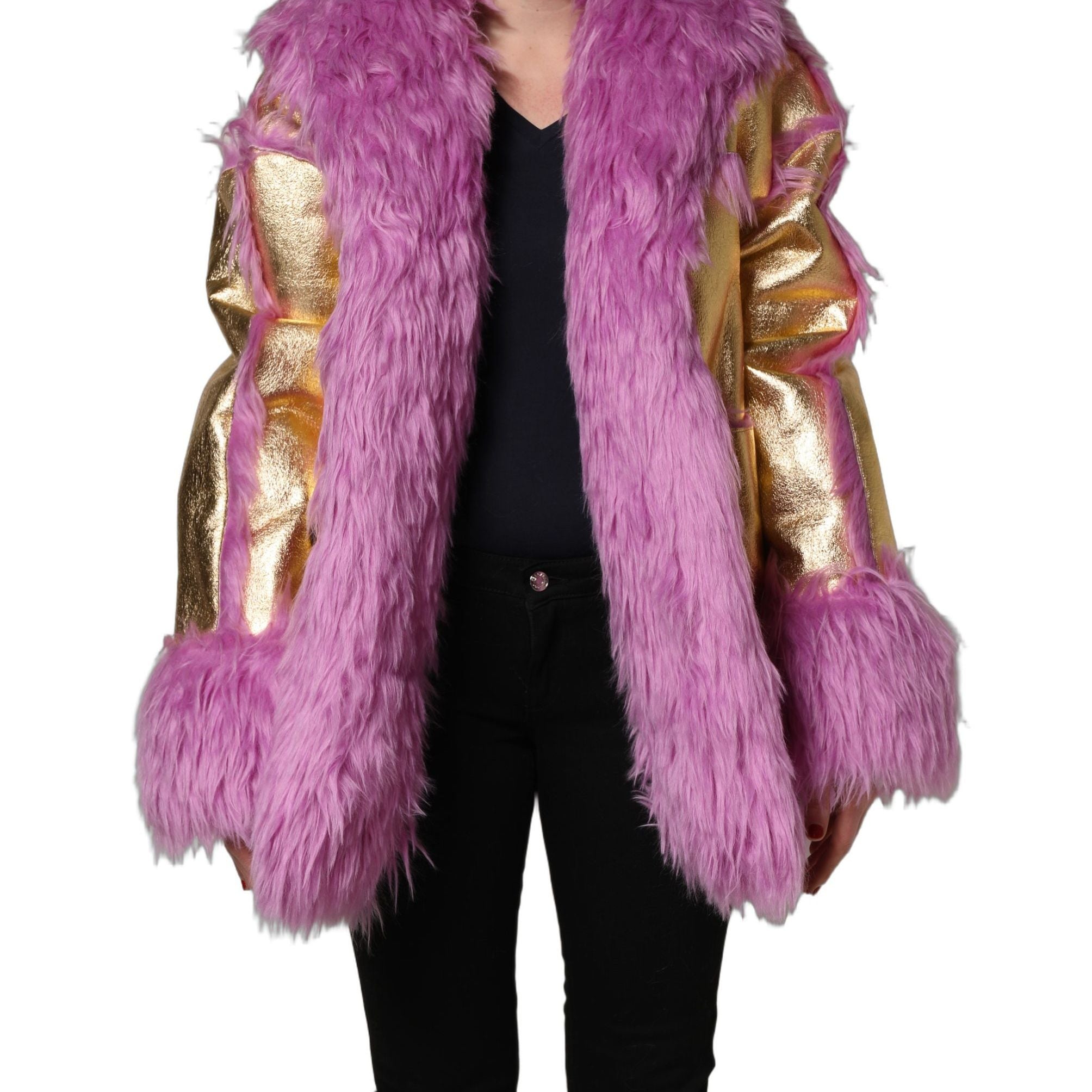 Dolce & Gabbana Pink Plush Faux Fur Gold Leather Coat Jacket