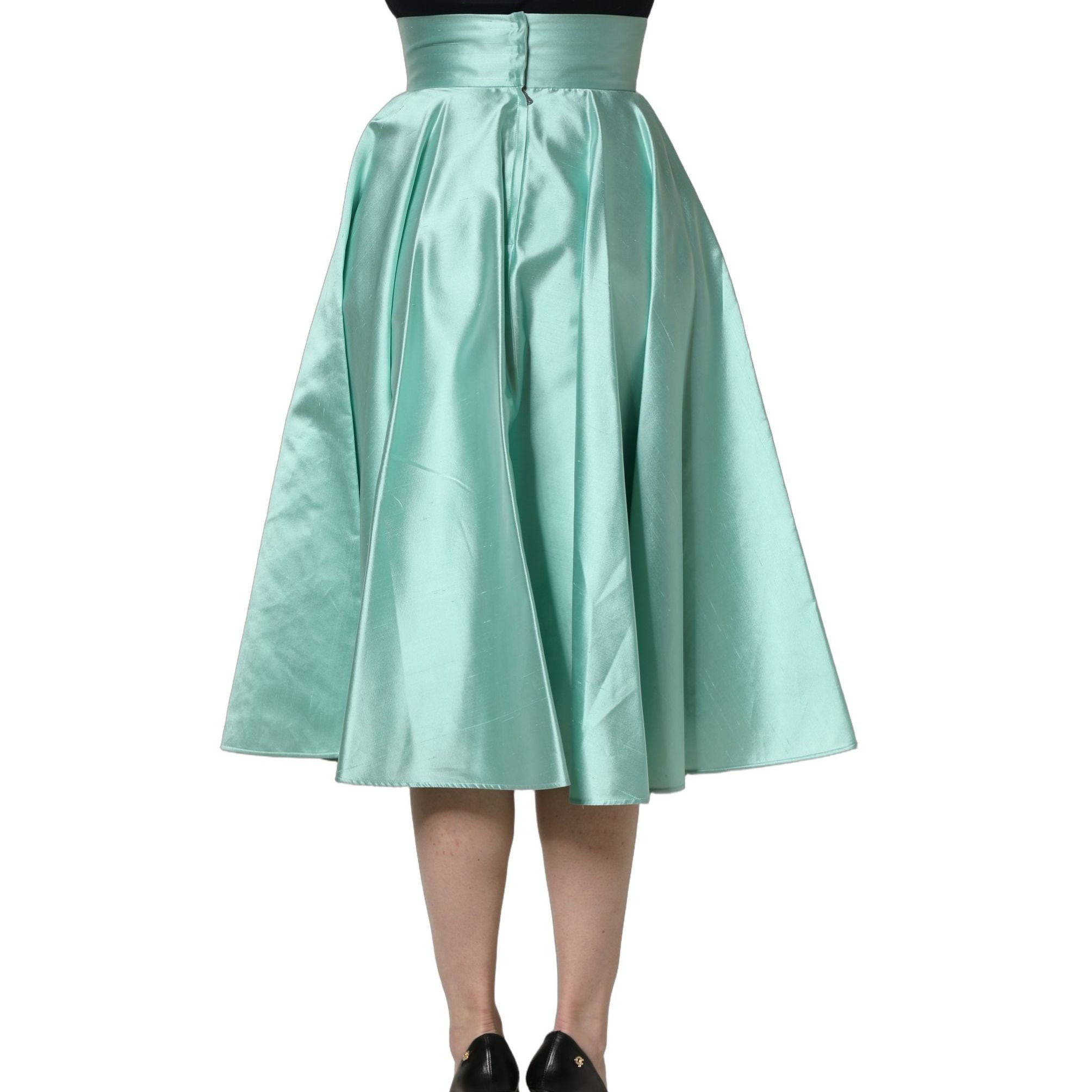 Dolce & Gabbana Green Satin High-Waisted Pleated A-line Midi Skirt