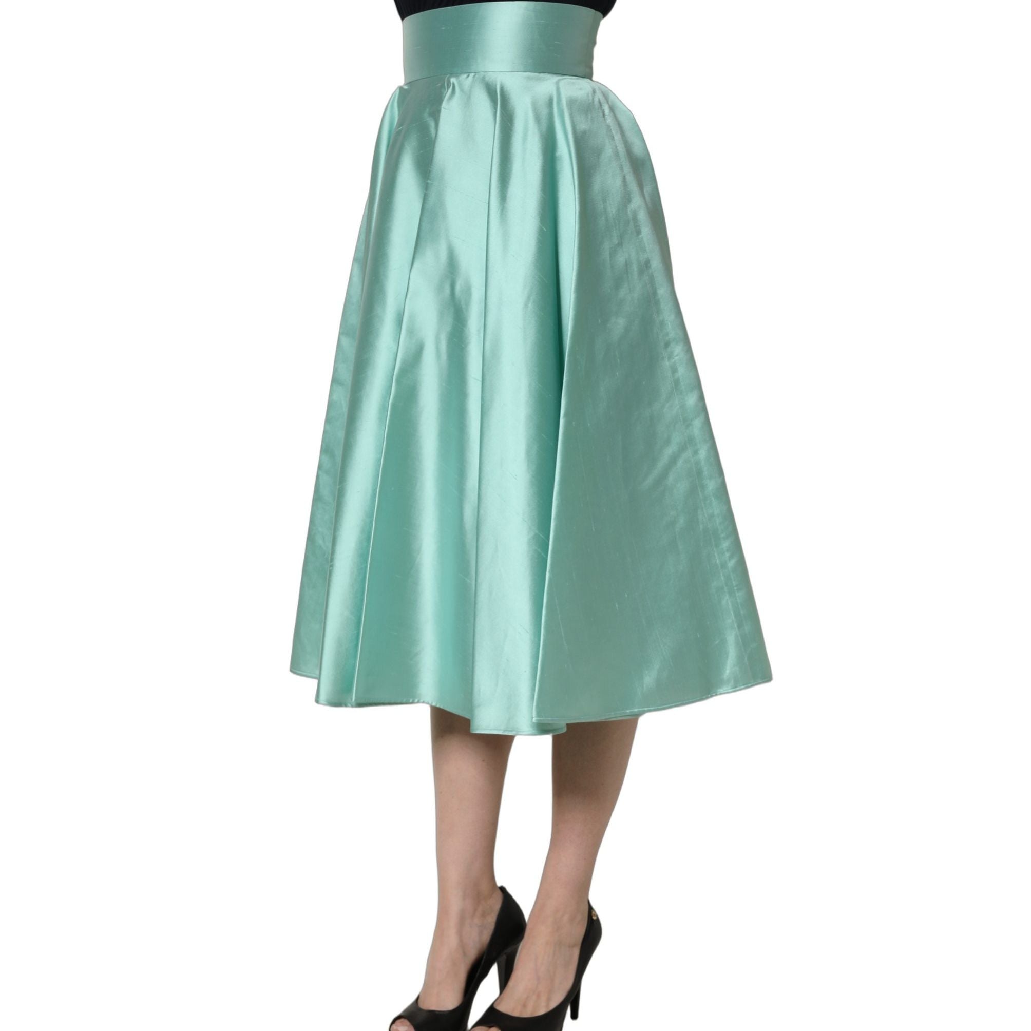 Dolce & Gabbana Green Satin High-Waisted Pleated A-line Midi Skirt
