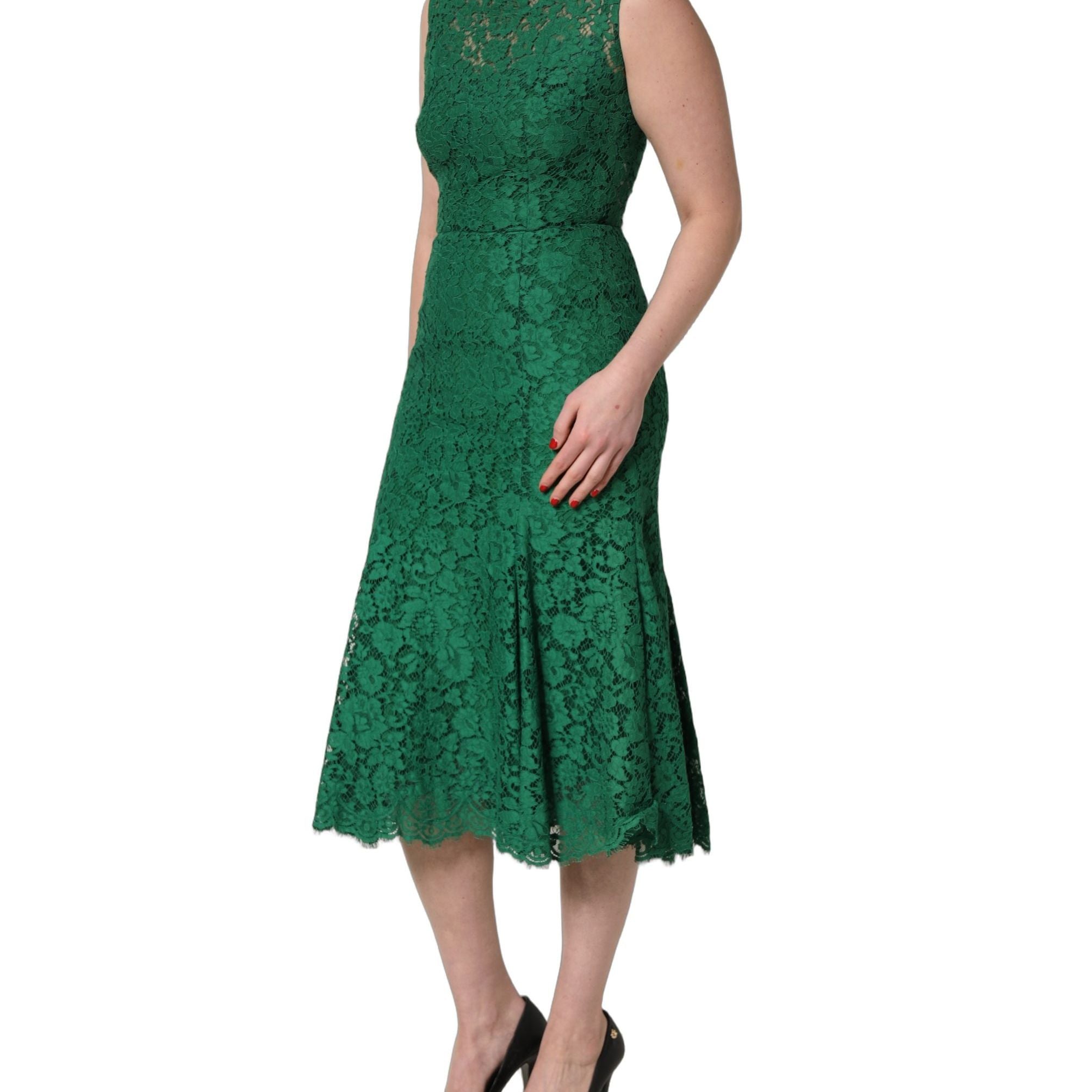 Dolce & Gabbana Green Floral Lace Cotton Sleeveless Midi Dress