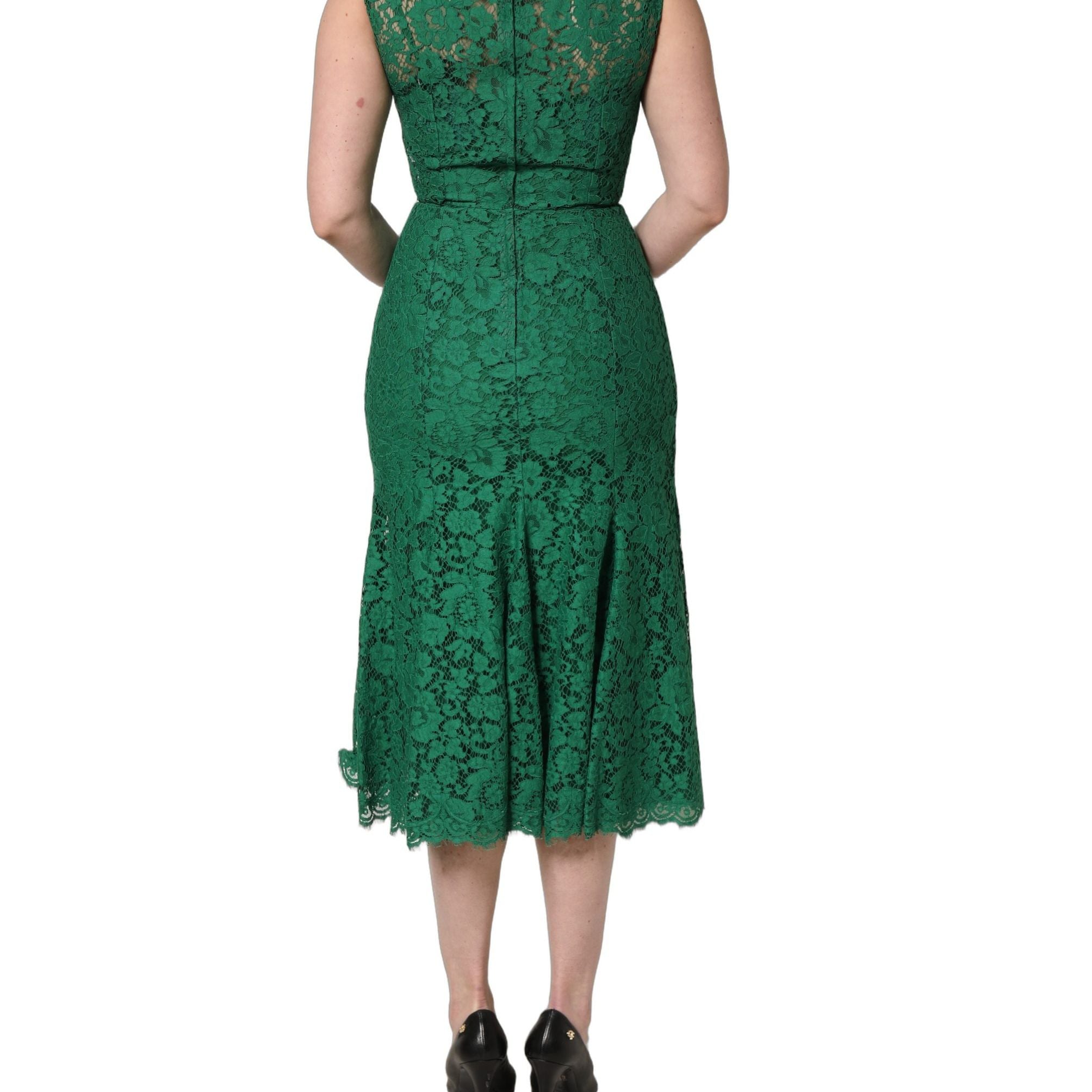 Dolce & Gabbana Green Floral Lace Cotton Sleeveless Midi Dress