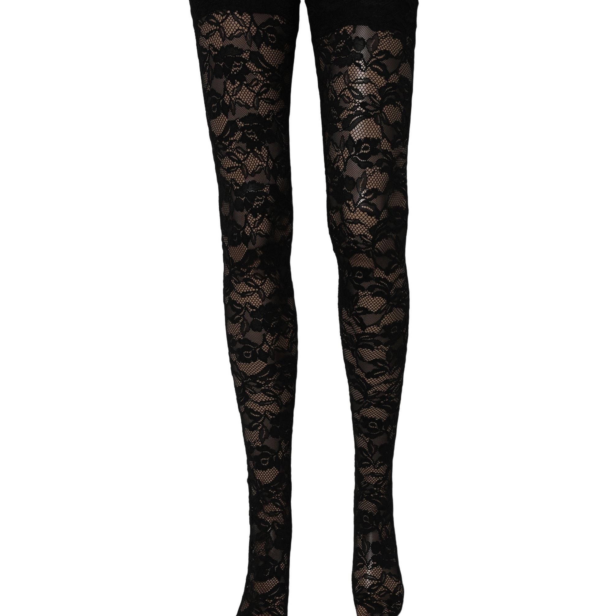 Dolce & Gabbana Black Floral Lace Thigh High Stockings Socks