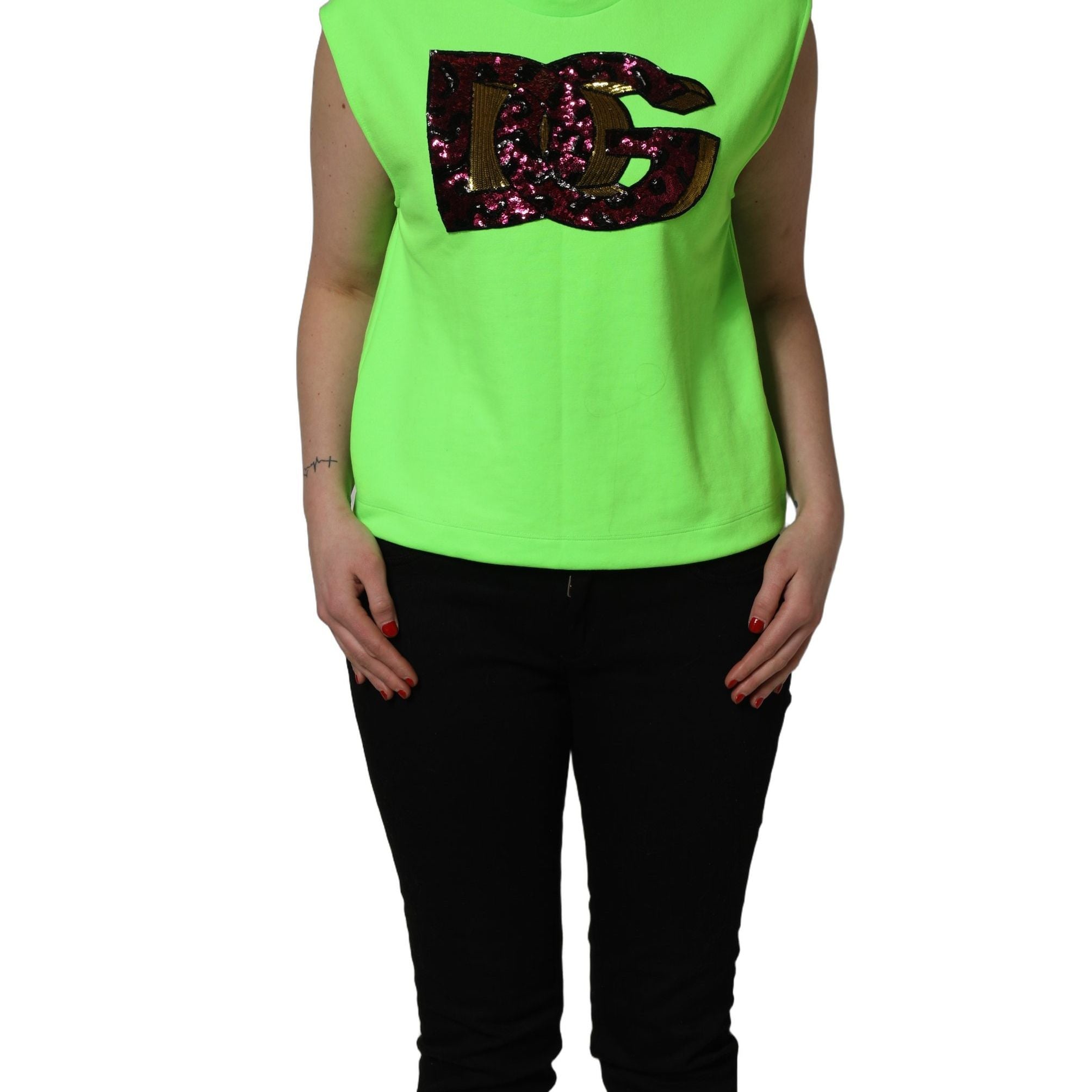 Dolce & Gabbana Neon Green DG Sequined Sleeveless Jersey Top