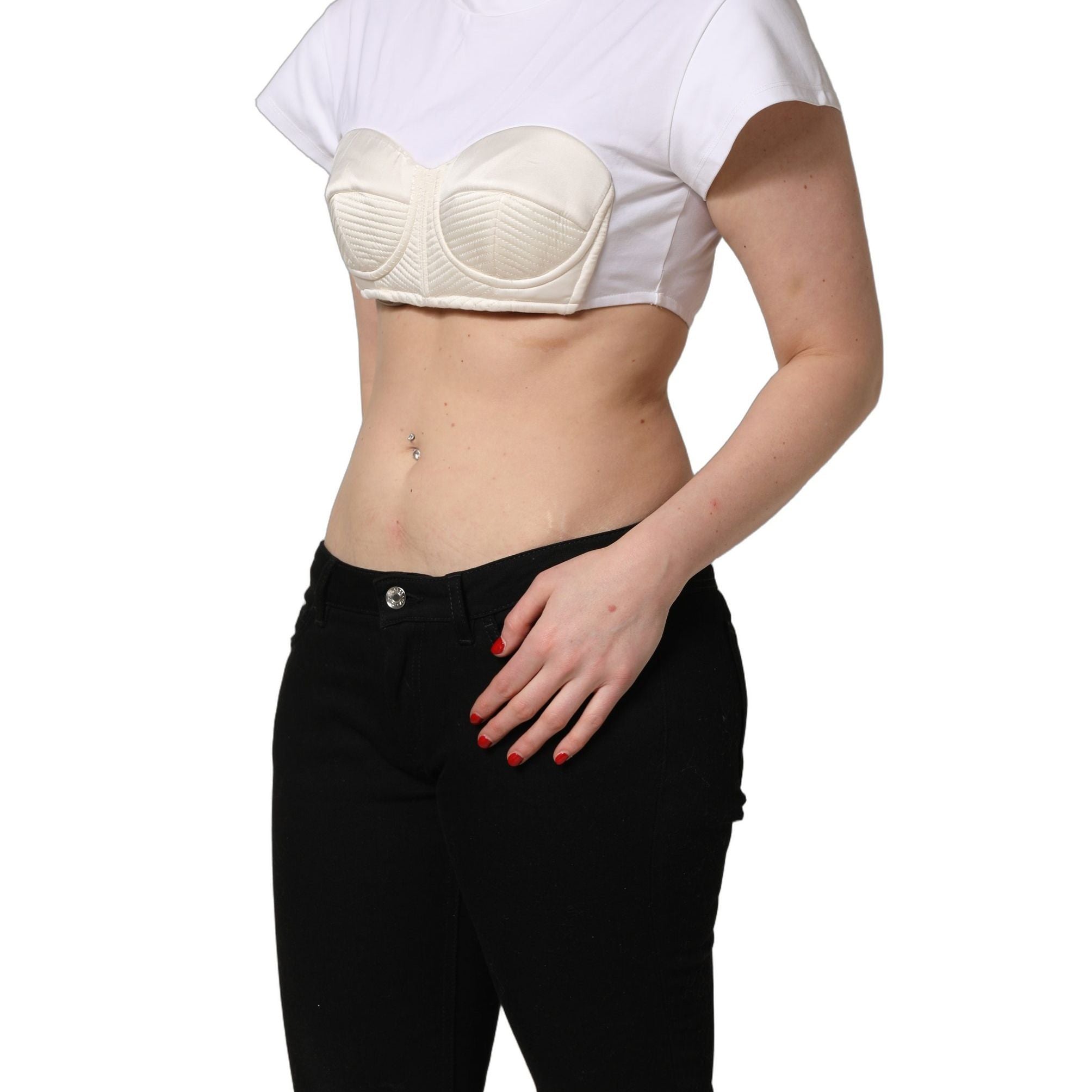 Dolce & Gabbana White Bustier Short Sleeve CrewNeck Cropped Top