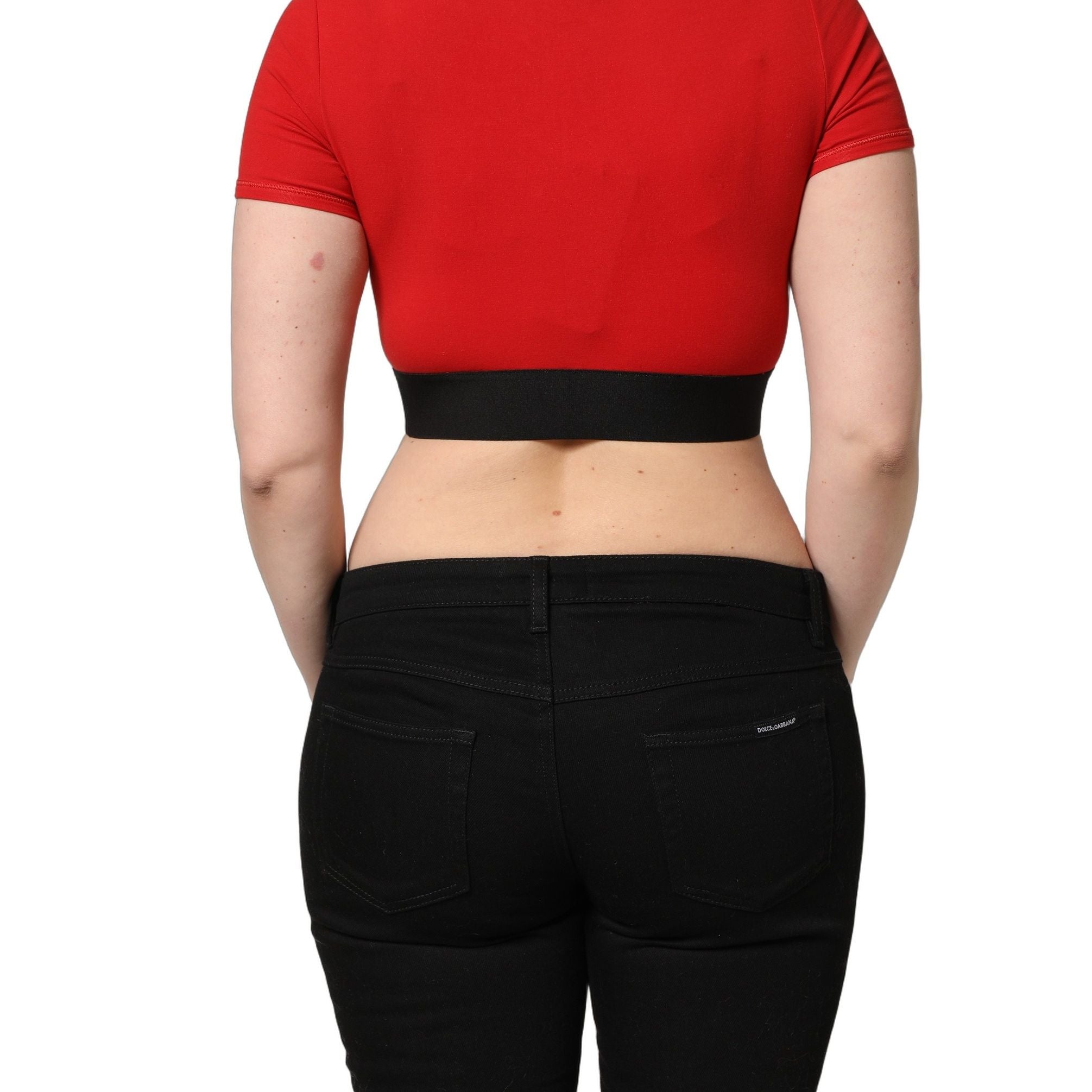 Dolce & Gabbana Red Cotton Logo Tape Cropped Short Sleeve T-shirt
