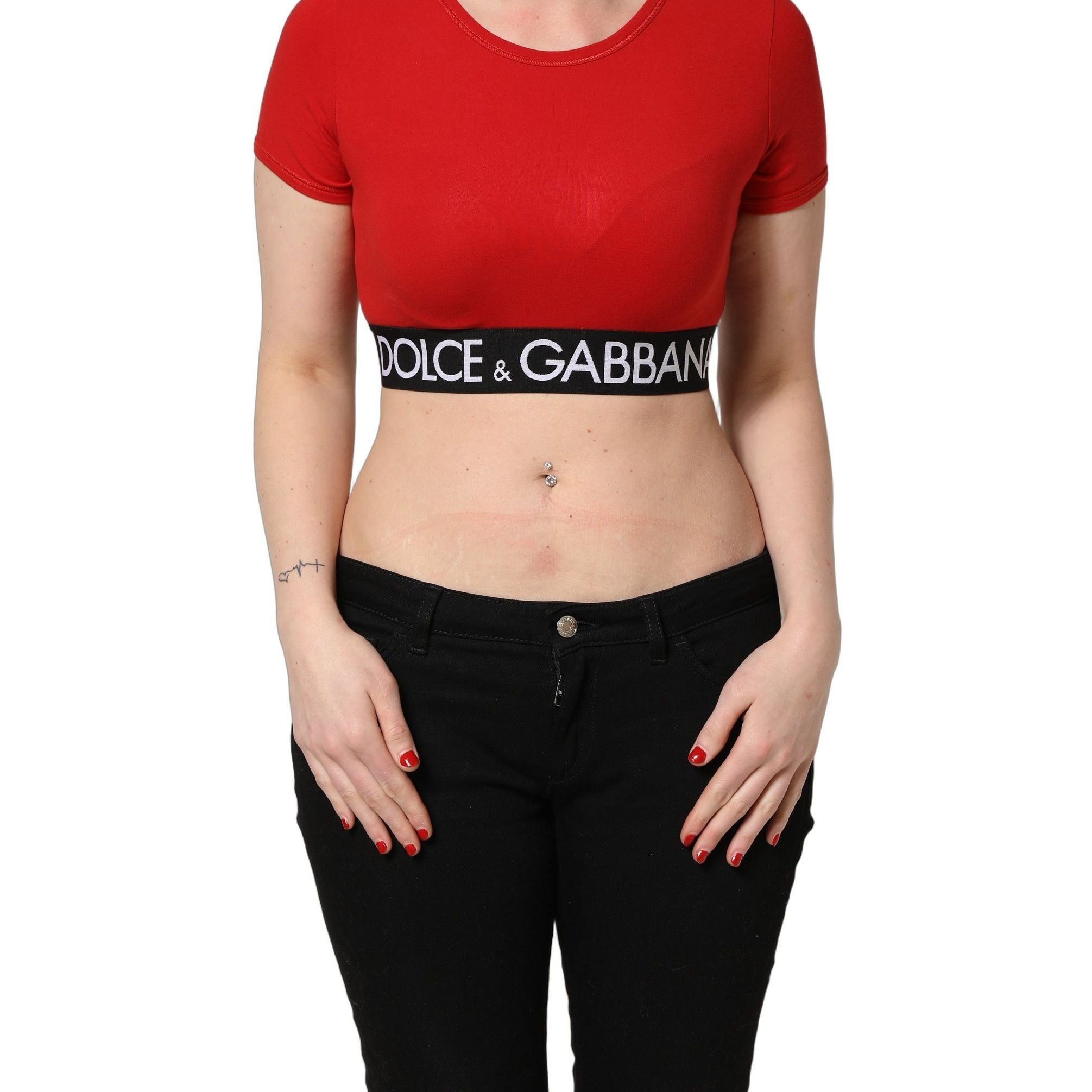 Dolce & Gabbana Red Cotton Logo Tape Cropped Short Sleeve T-shirt