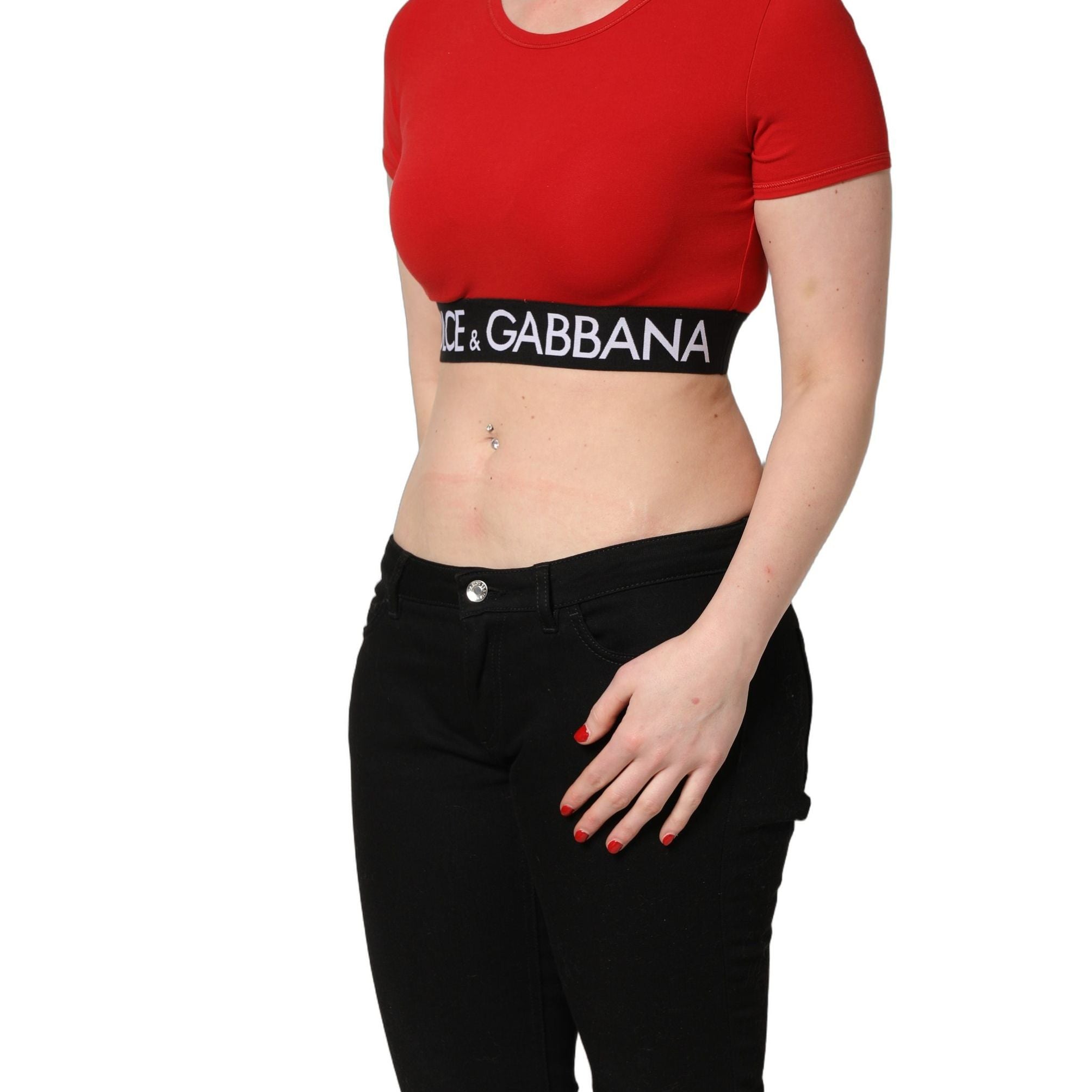 Dolce & Gabbana Red Cotton Logo Tape Cropped Short Sleeve T-shirt