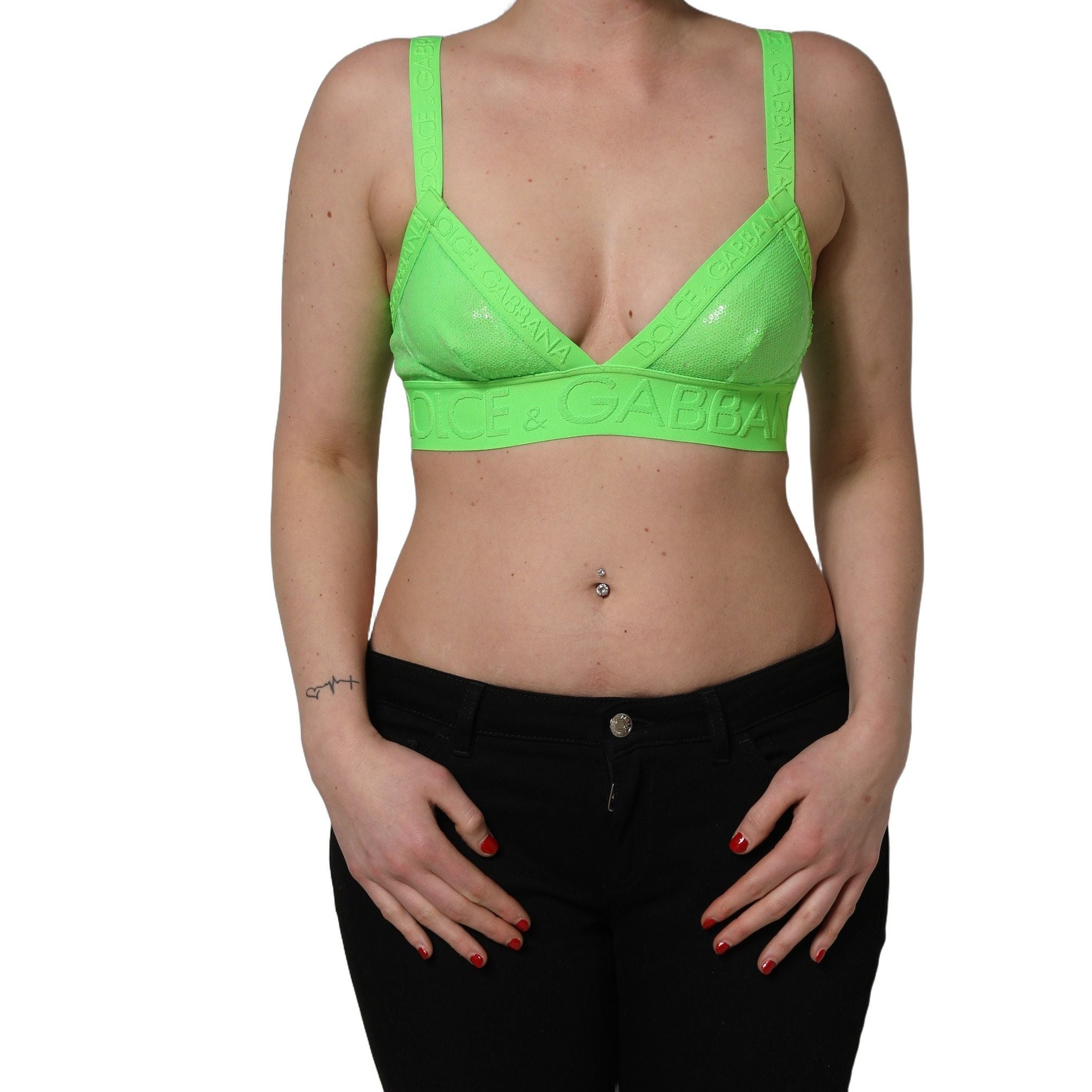 Dolce & Gabbana Neon Green Soft Cup Logo-Trim Bra Cropped Top
