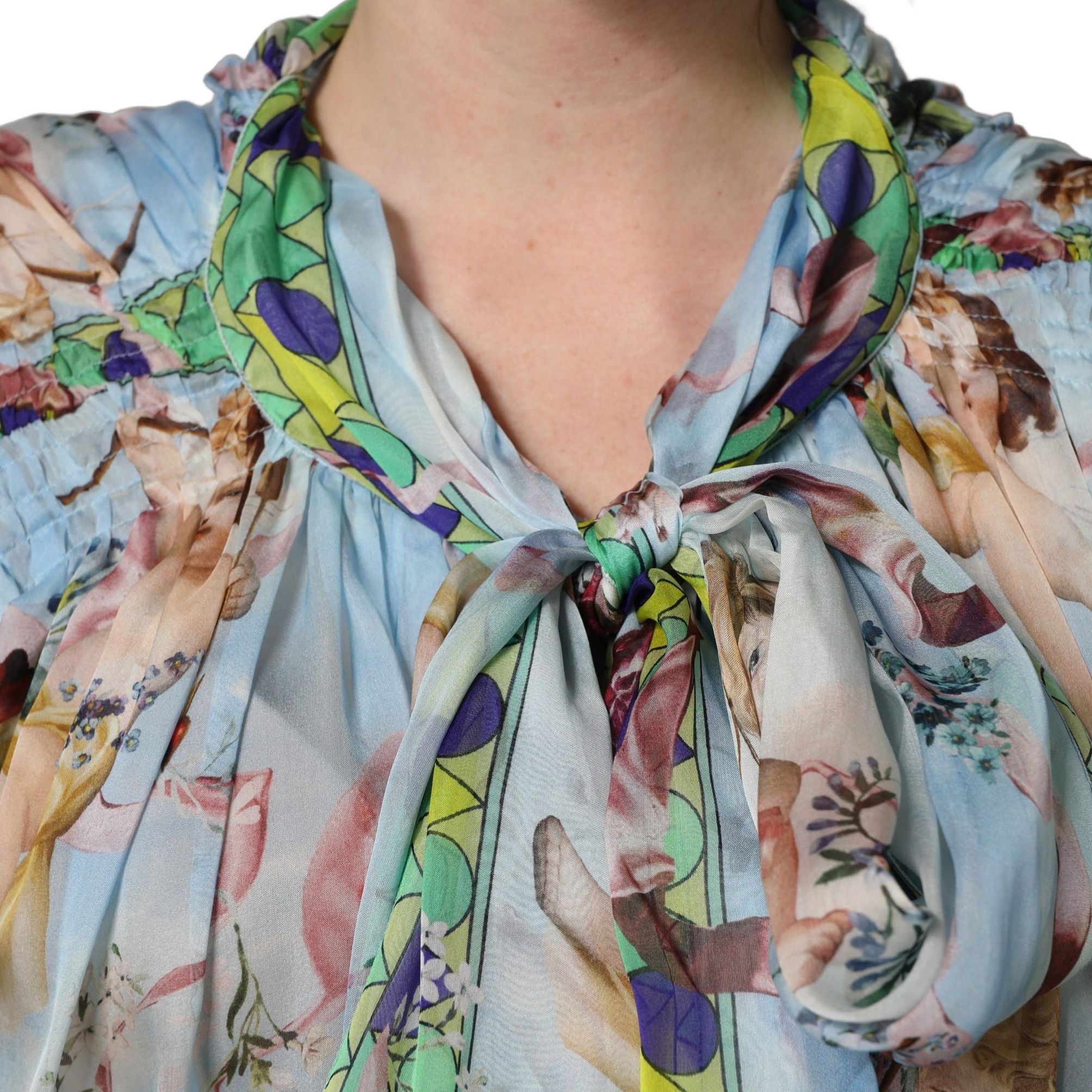 Dolce & Gabbana Light Blue Floral-Print Chiffon Blouse Top