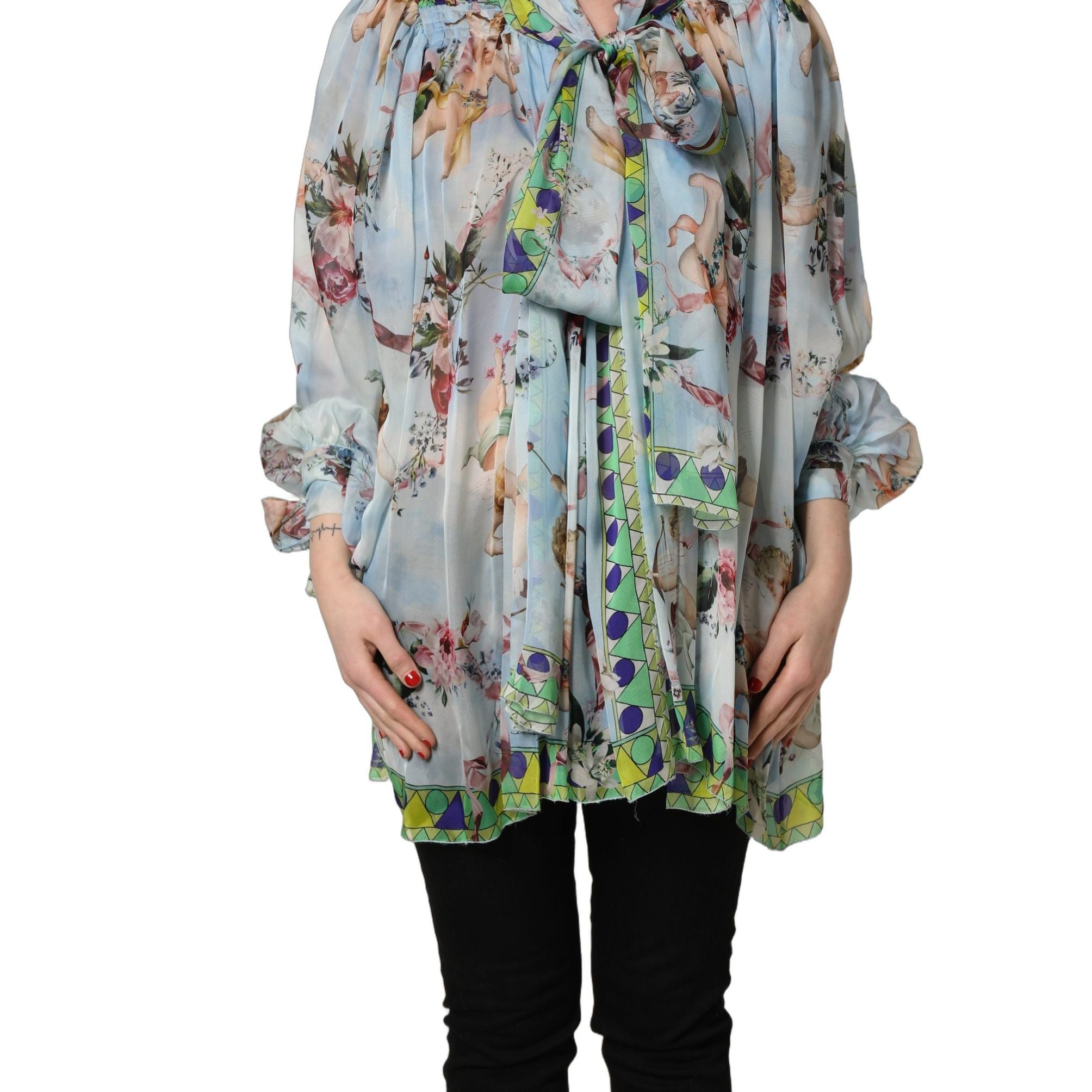 Dolce & Gabbana Light Blue Floral-Print Chiffon Blouse Top