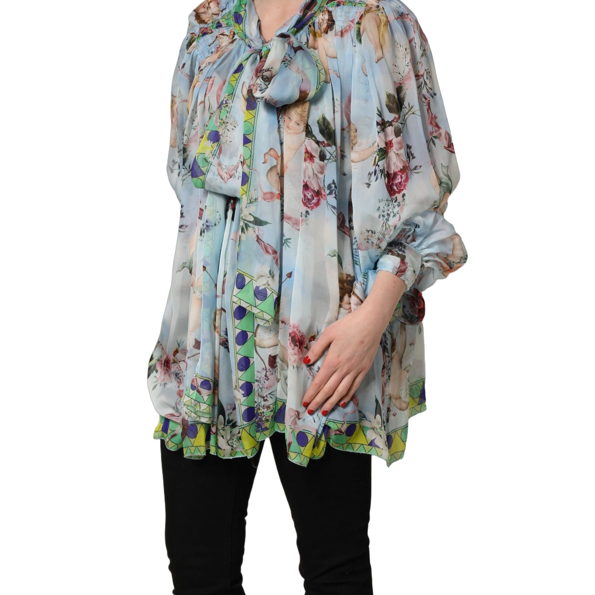 Dolce & Gabbana Light Blue Floral-Print Chiffon Blouse Top