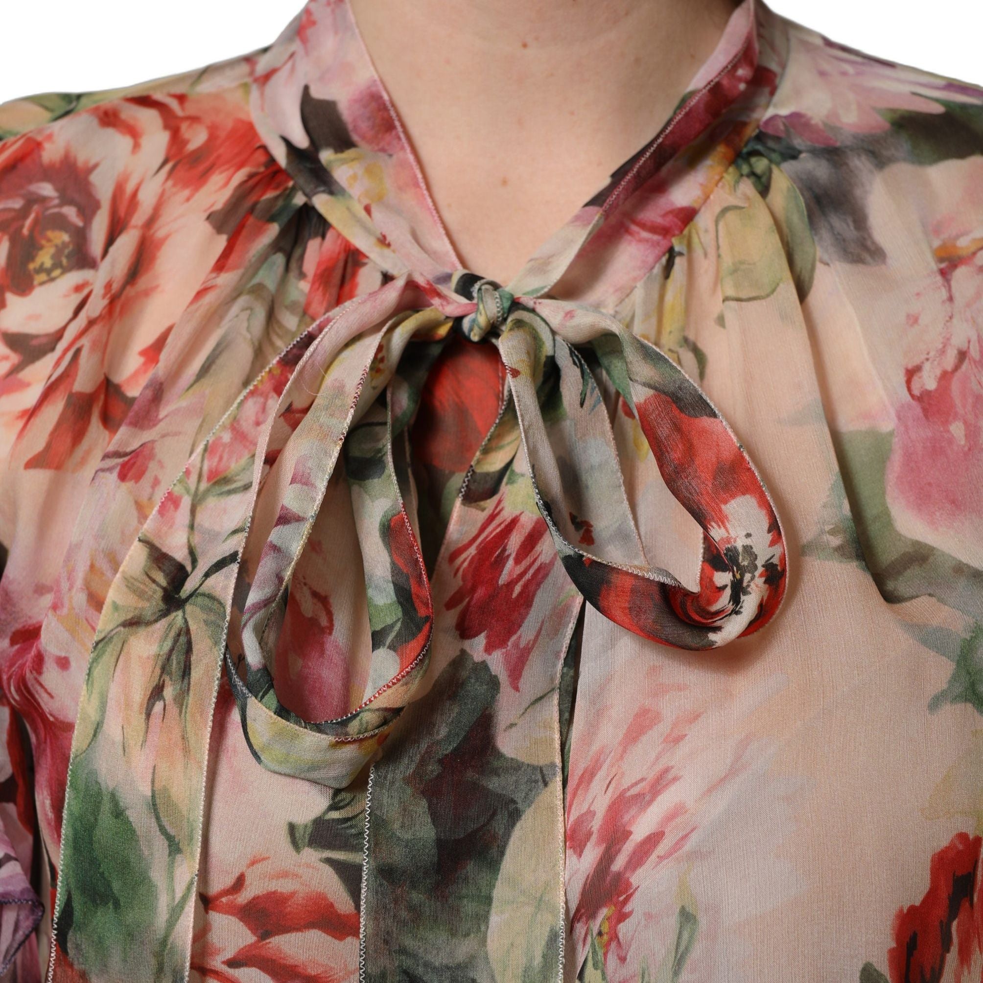 Dolce & Gabbana Multicolor Floral Tie-Neck Silk Chiffon Blouse Top