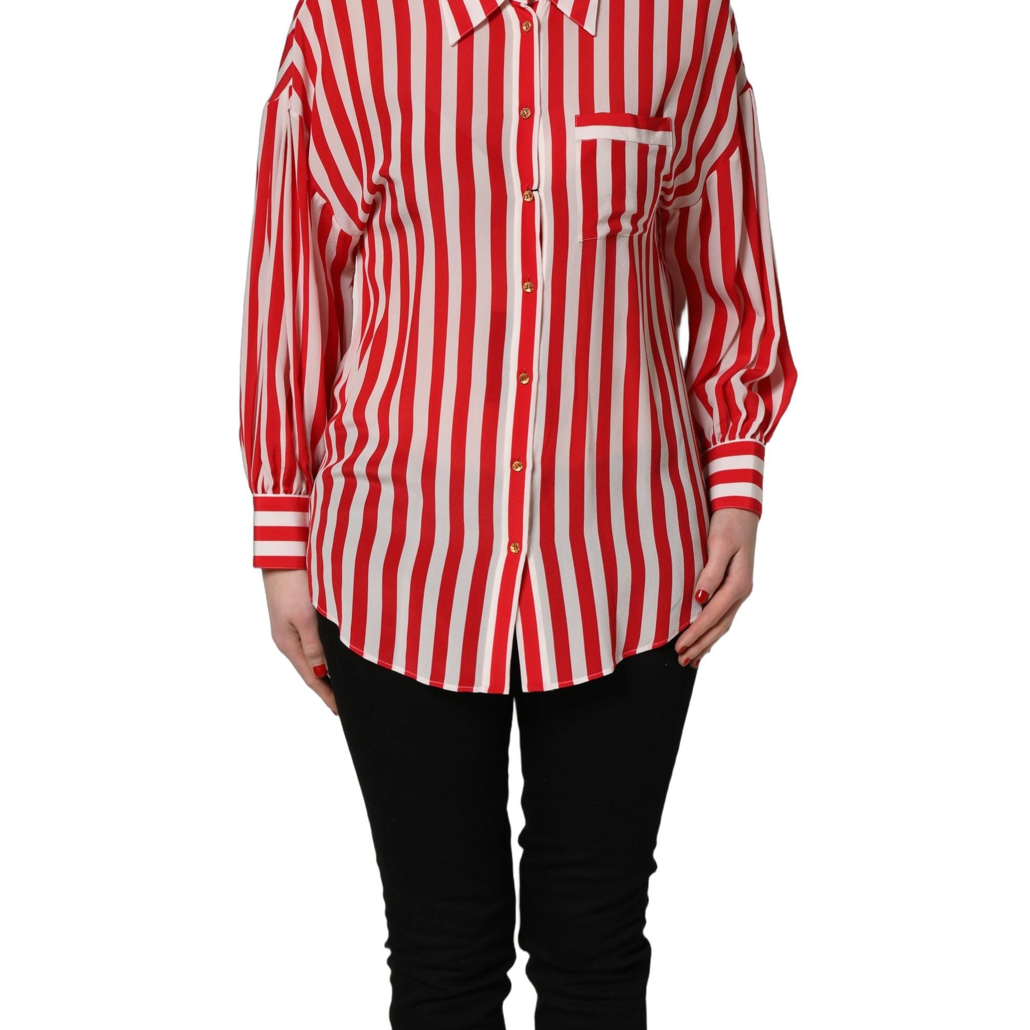 Dolce & Gabbana Red White Striped Long Sleeve Silk Blouse Top