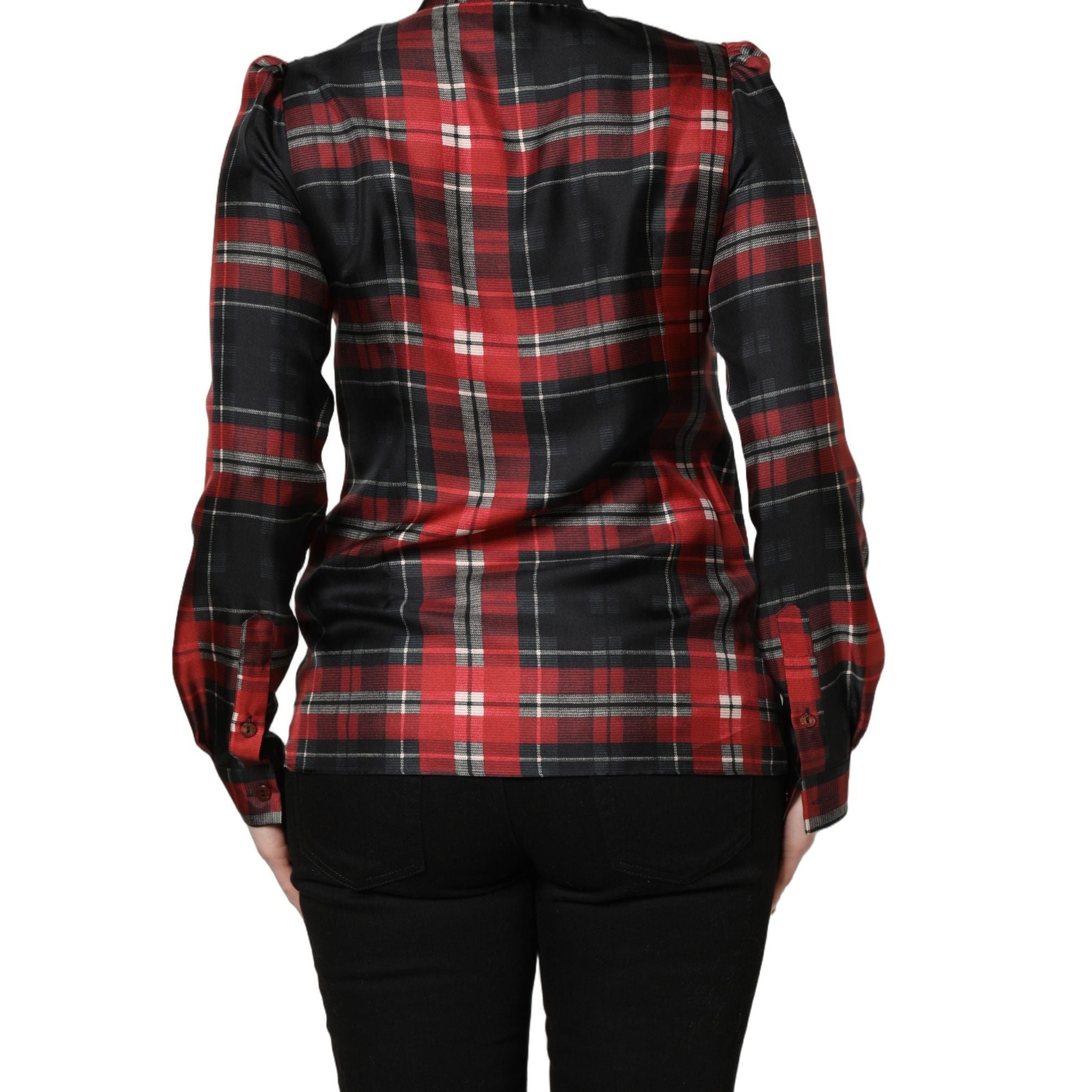 Dolce & Gabbana Red Black Plaid Silk Tie-Neck Blouse Top