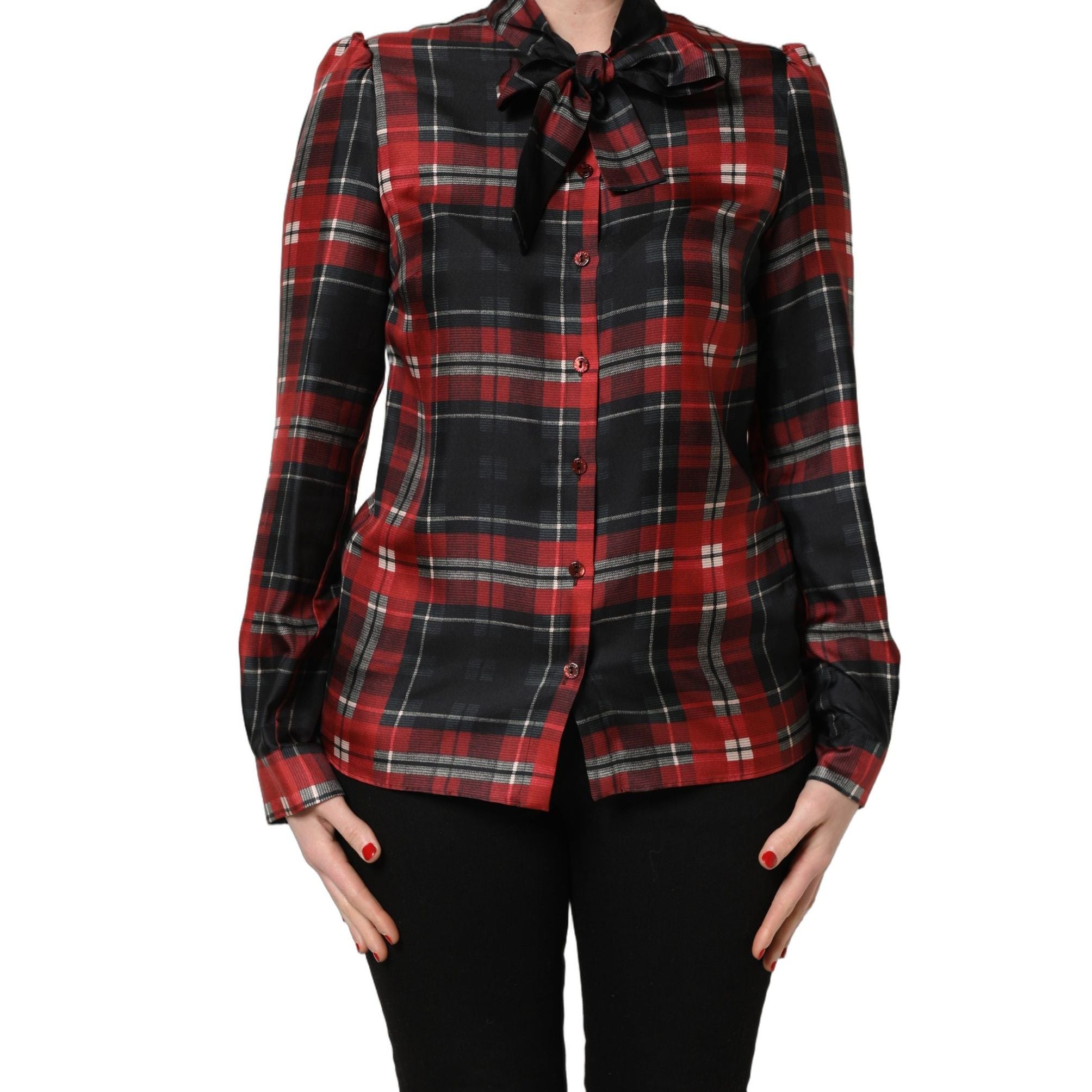 Dolce & Gabbana Red Black Plaid Silk Tie-Neck Blouse Top