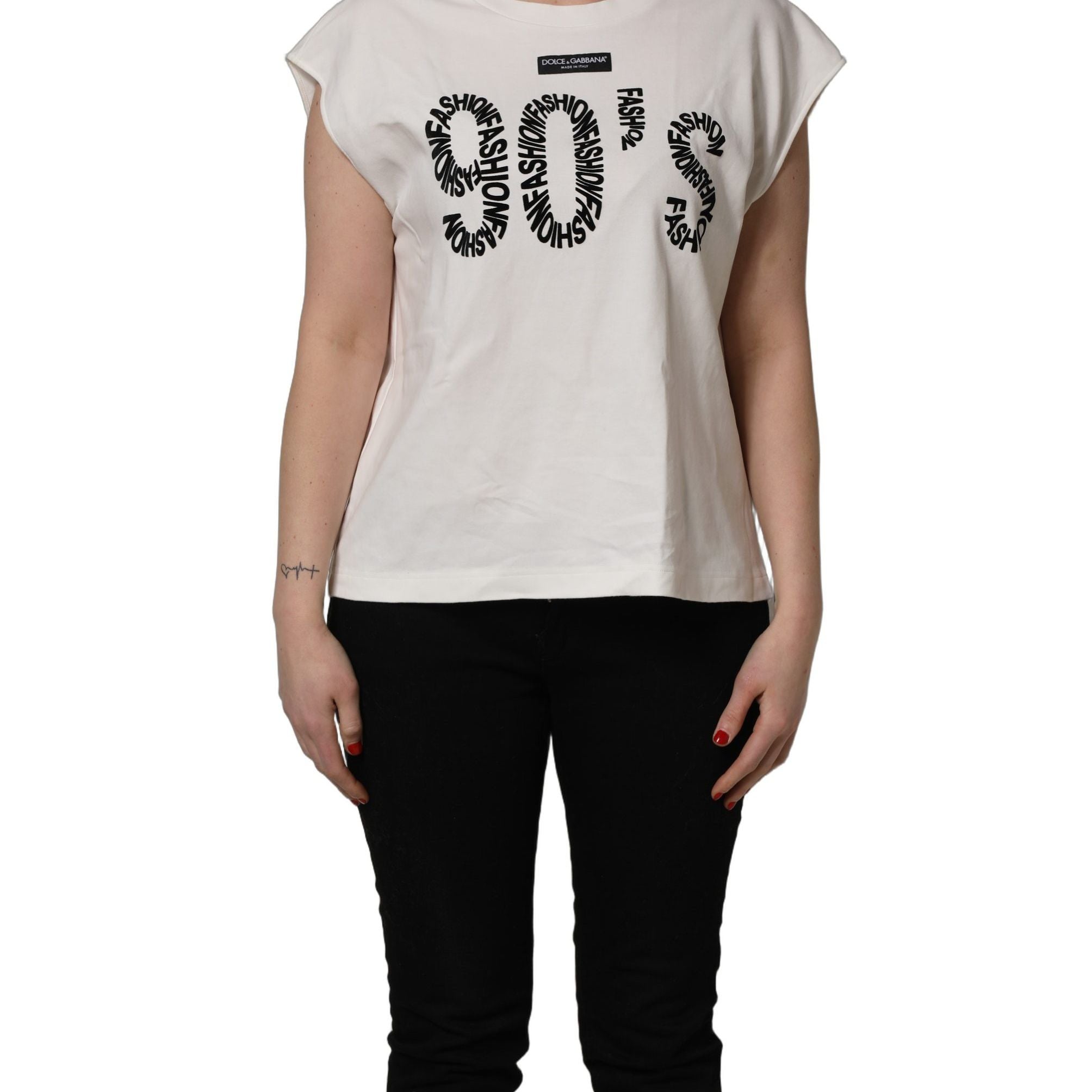 Dolce & Gabbana White Cotton Graphic Sleeveless Tank Top