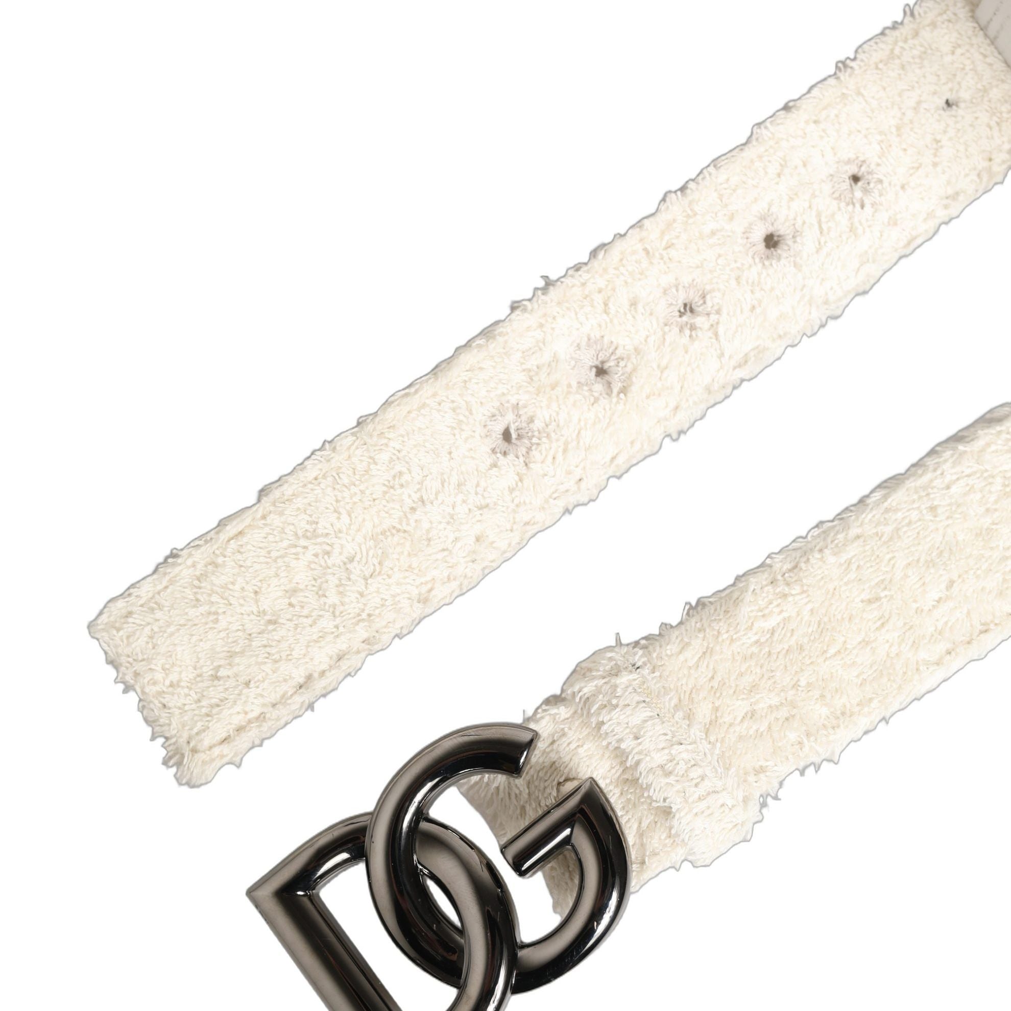 Dolce & Gabbana White Cotton Fleece DG Logo Metal Buckle Belt