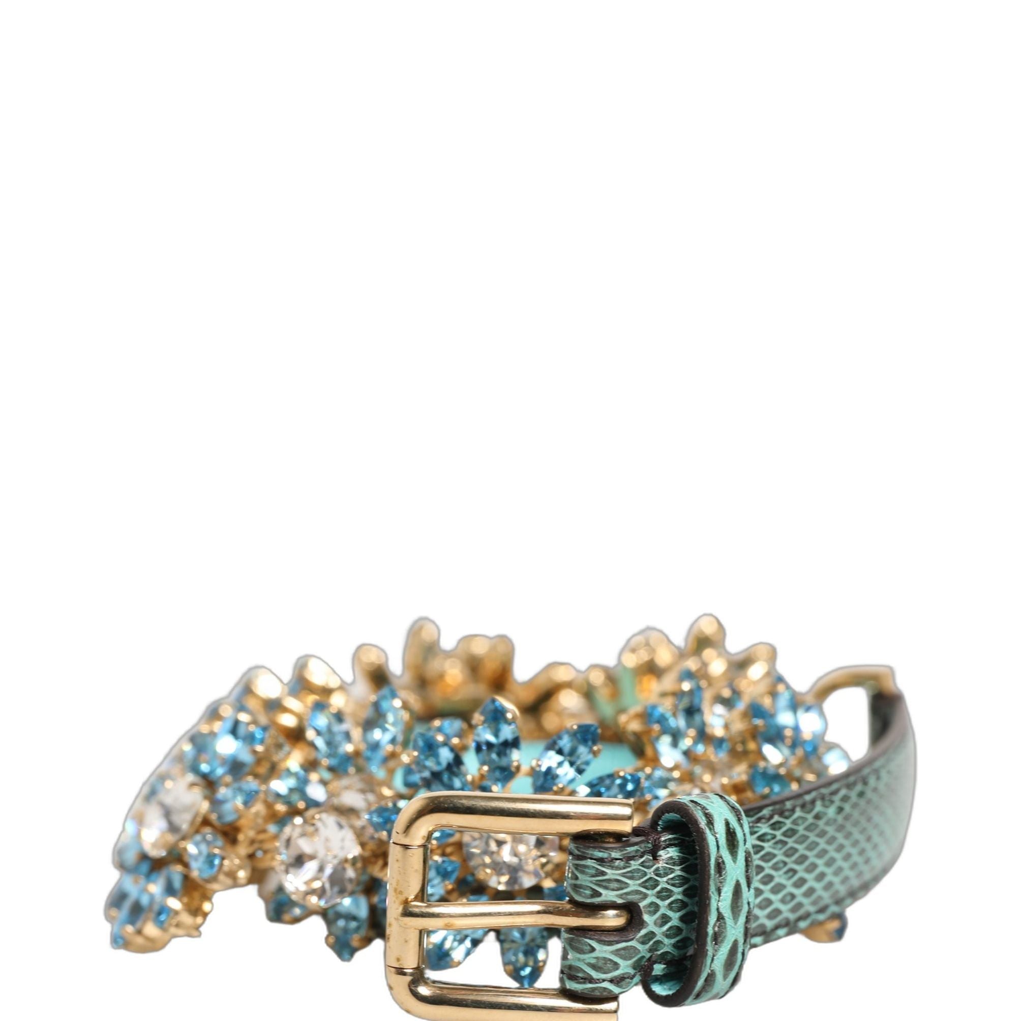 Dolce & Gabbana Green Leather Daisy Crystal Embellished Waist Belt