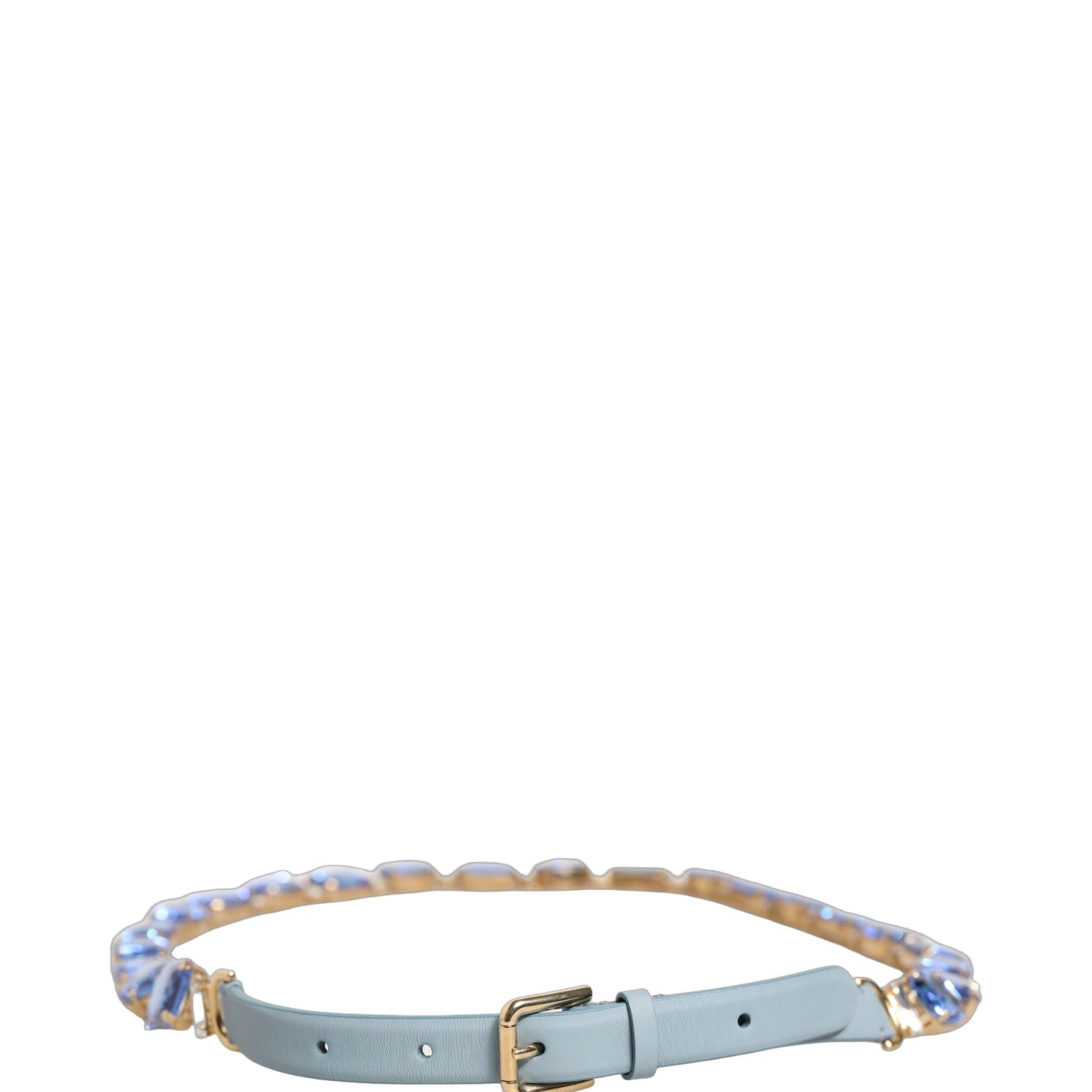 Dolce & Gabbana Blue Leather Crystal Chain Embellished Belt