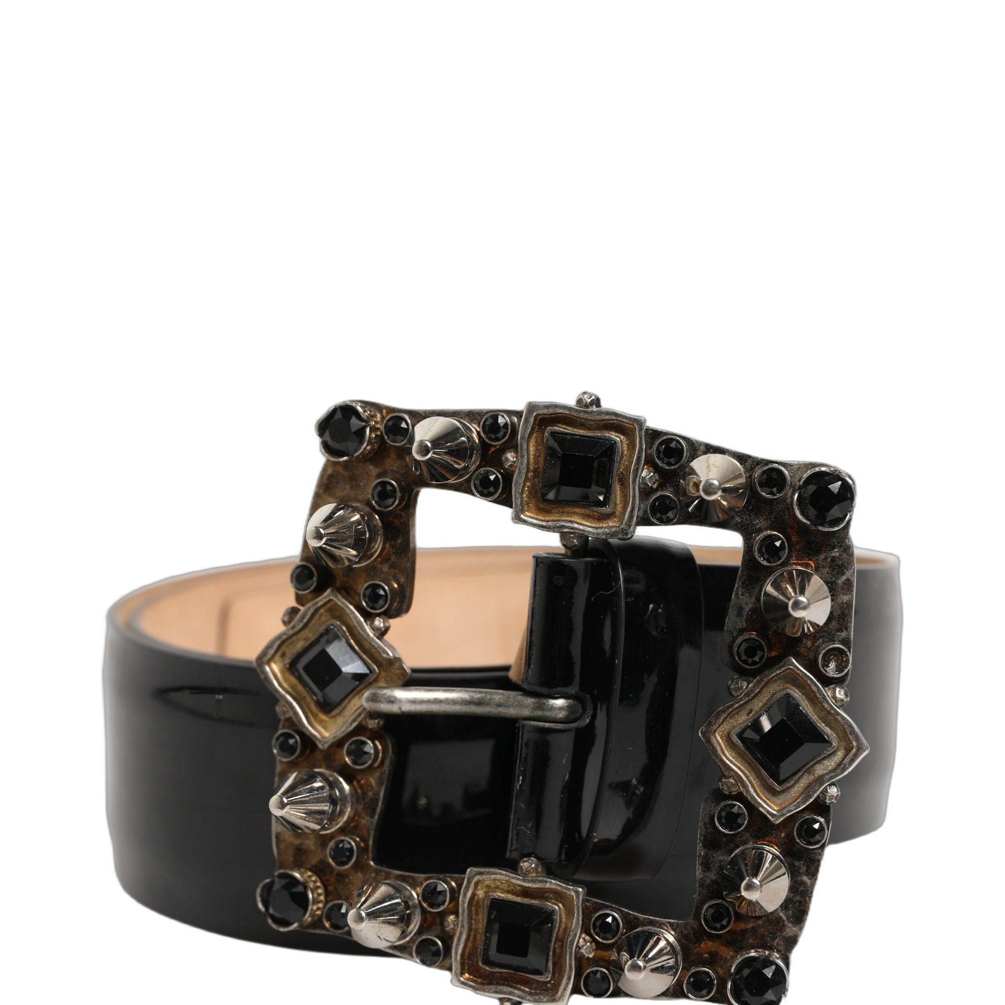 Dolce & Gabbana Black Leather Crystal Metal Buckle Belt